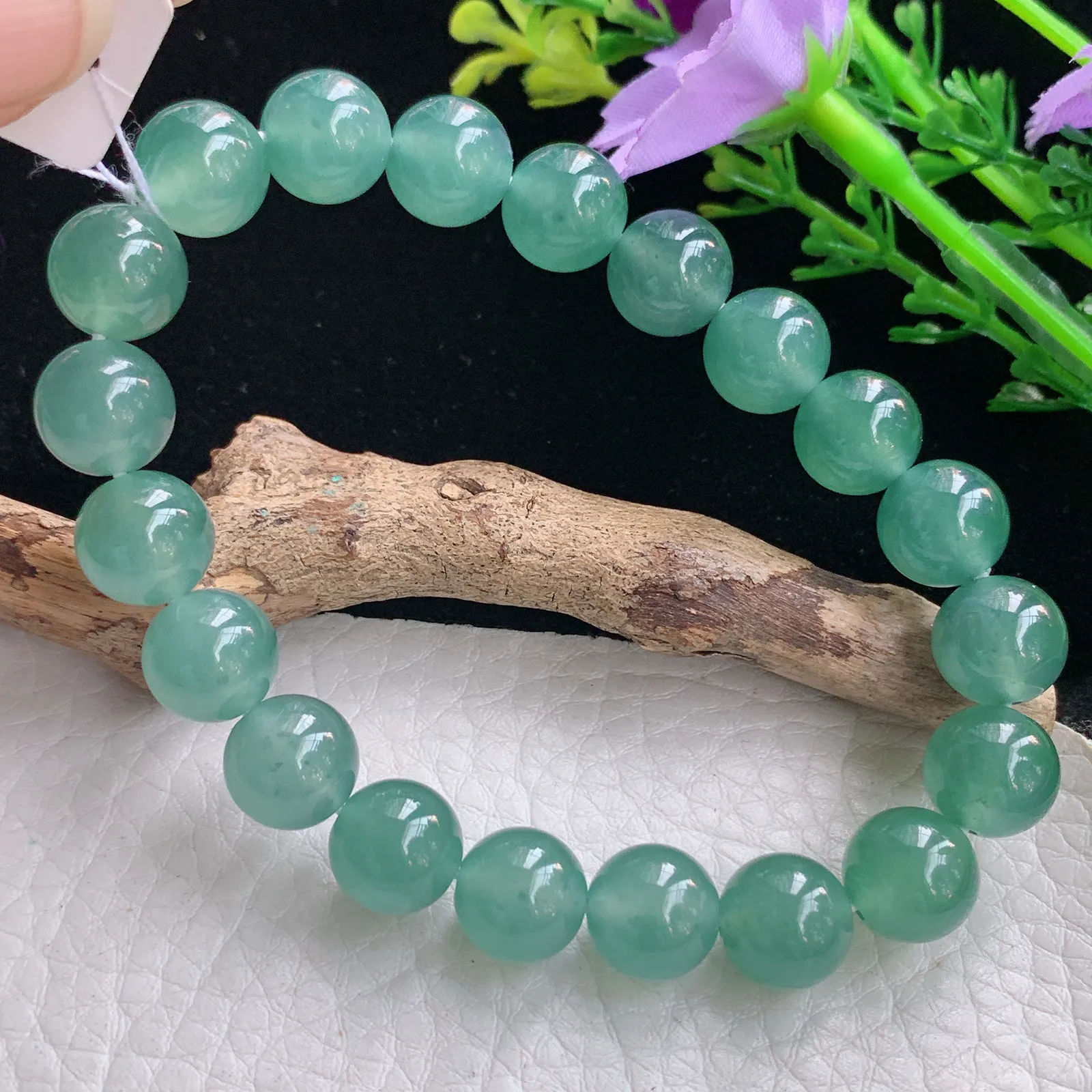 ss自然光9.8mm天然缅甸翡翠a货冰油湖水绿圆珠玉手链  玉手串