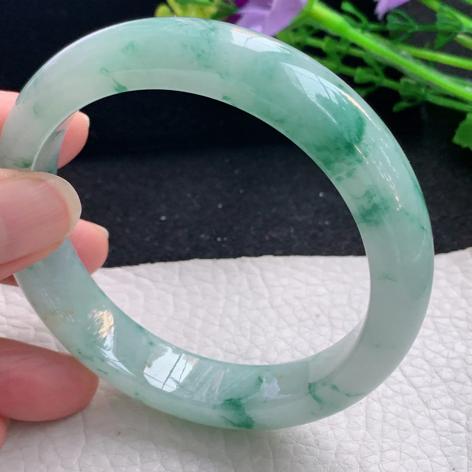 js自然光59.5*13.2*8.5平安镯 缅甸翡翠a货玉手镯冰飘花宽边玉手环
