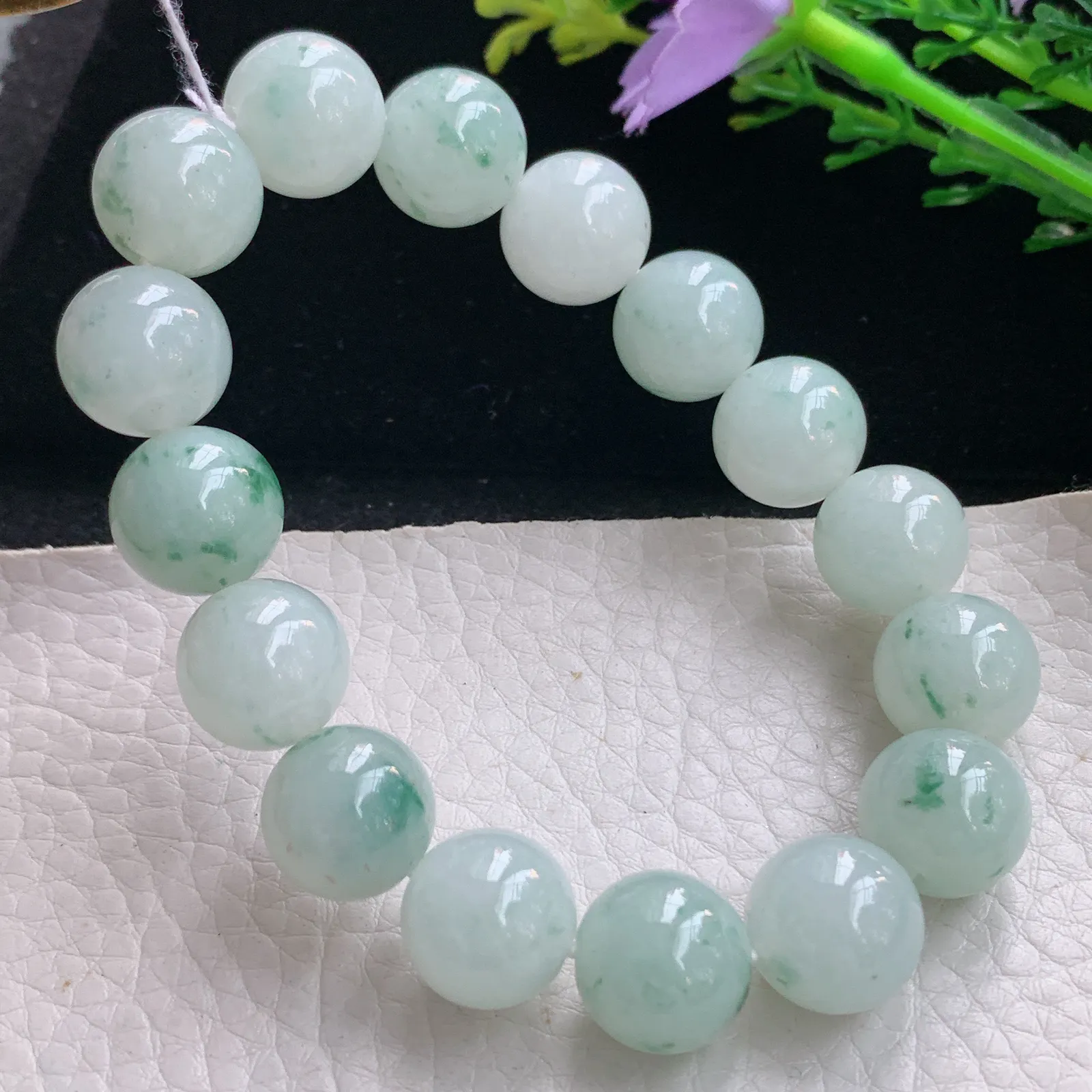 ss自然光12.6mm天然缅甸翡翠a货冰飘花圆珠玉手链  玉手串