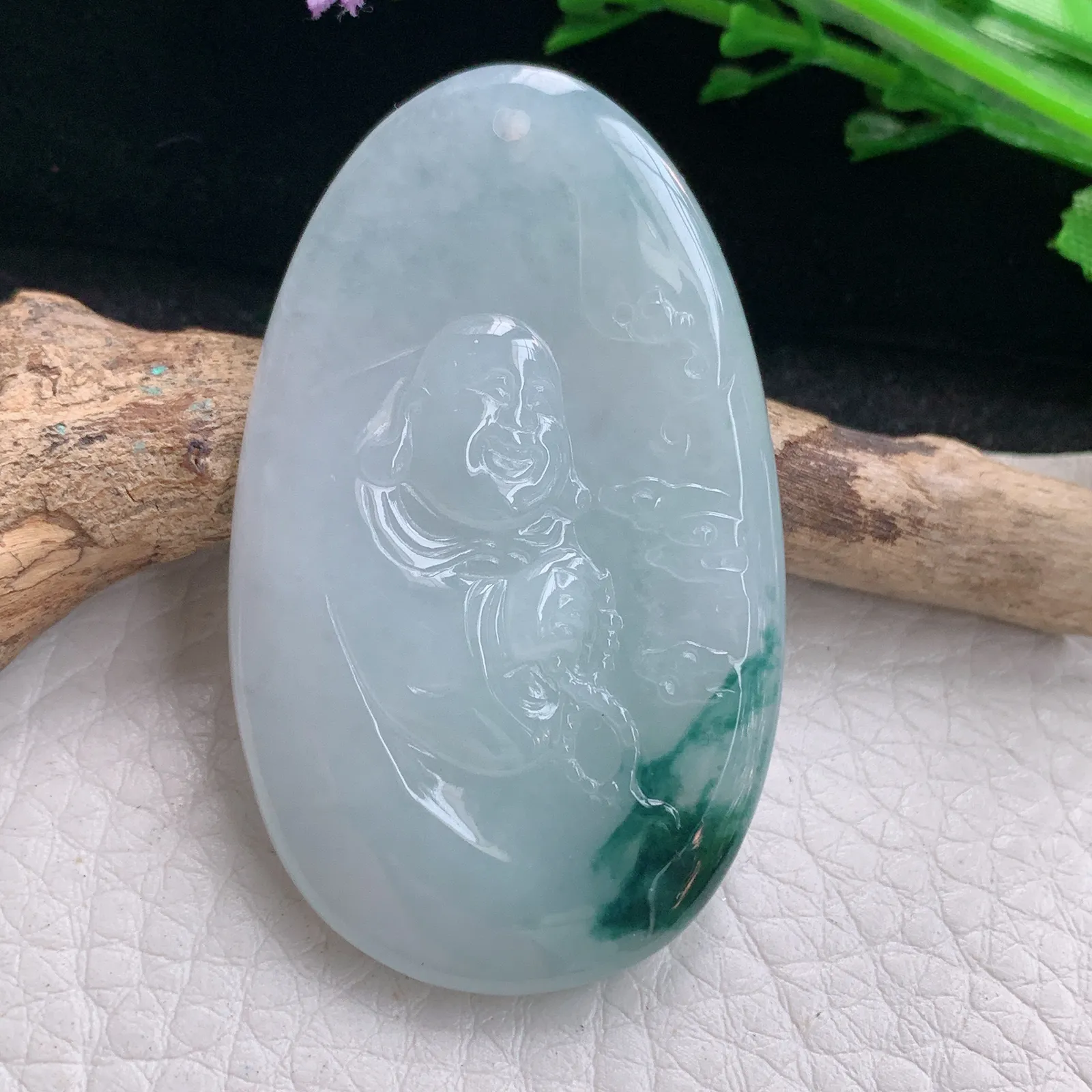 kh实拍50*30*6缅甸翡翠冰飘花开心佛 佛公玉项坠 玉挂件