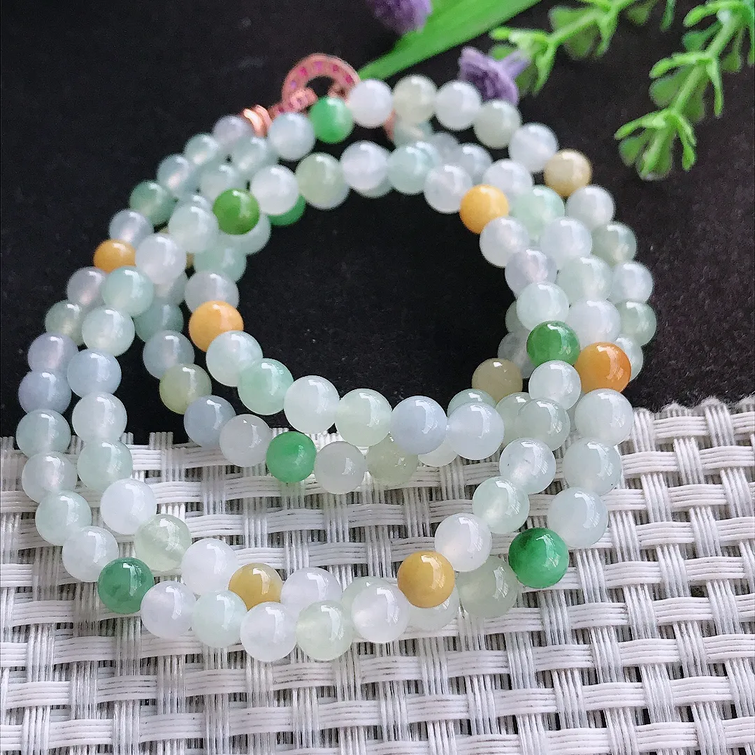 天然A货翡翠5.8/11.8颗老坑冰润水灵三彩圆珠项链翡翠玉珠