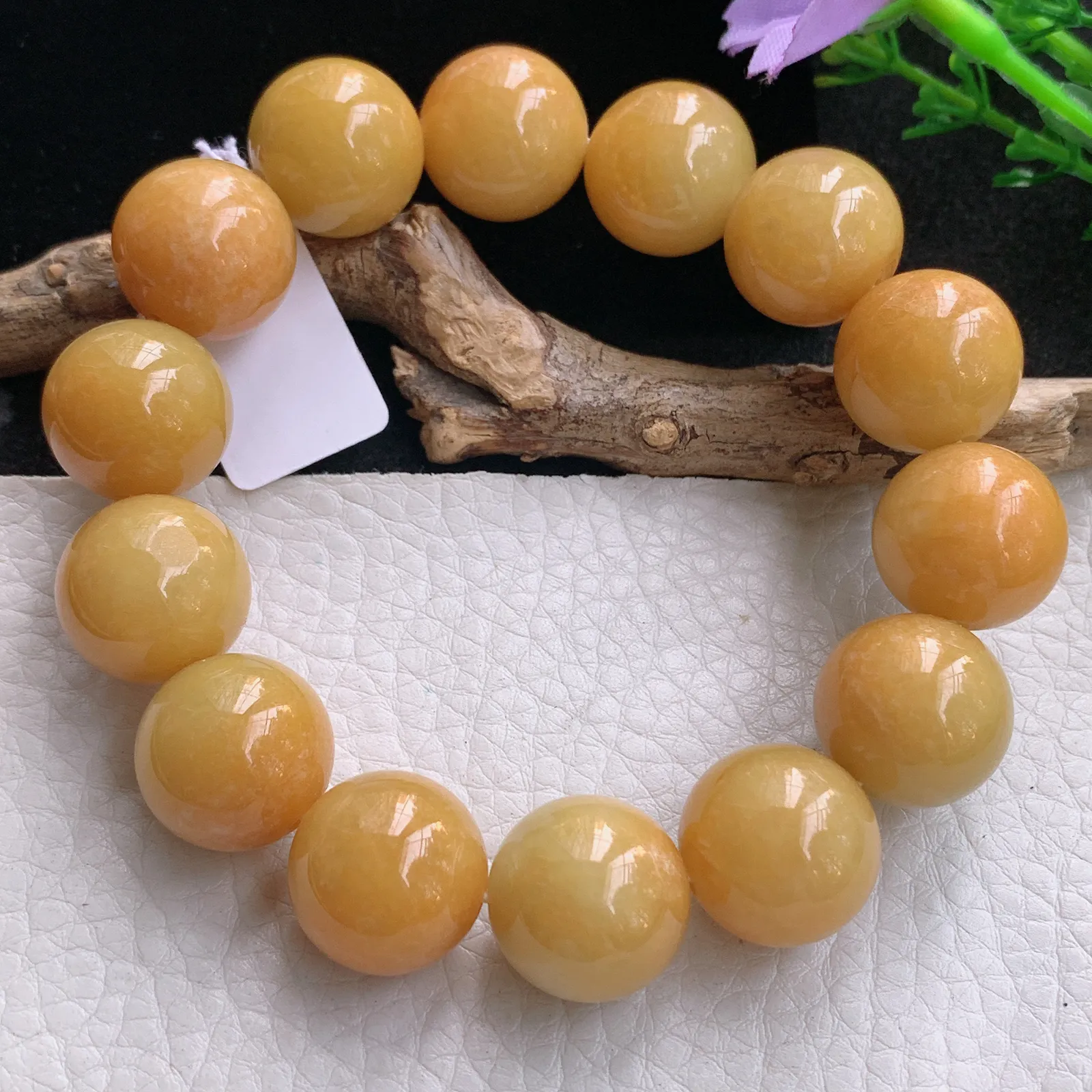 ss自然光16.3mm天然缅甸翡翠a货大颗粒黄翡水润圆珠玉手链  玉手串