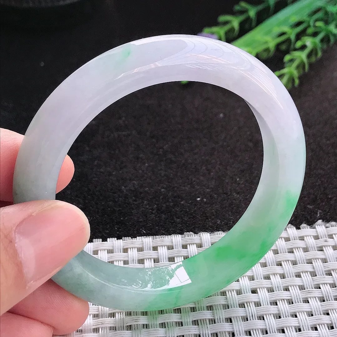 天然A货翡翠53/11/8.6老坑冰胶果冻飘阳绿手镯宽边玉镯