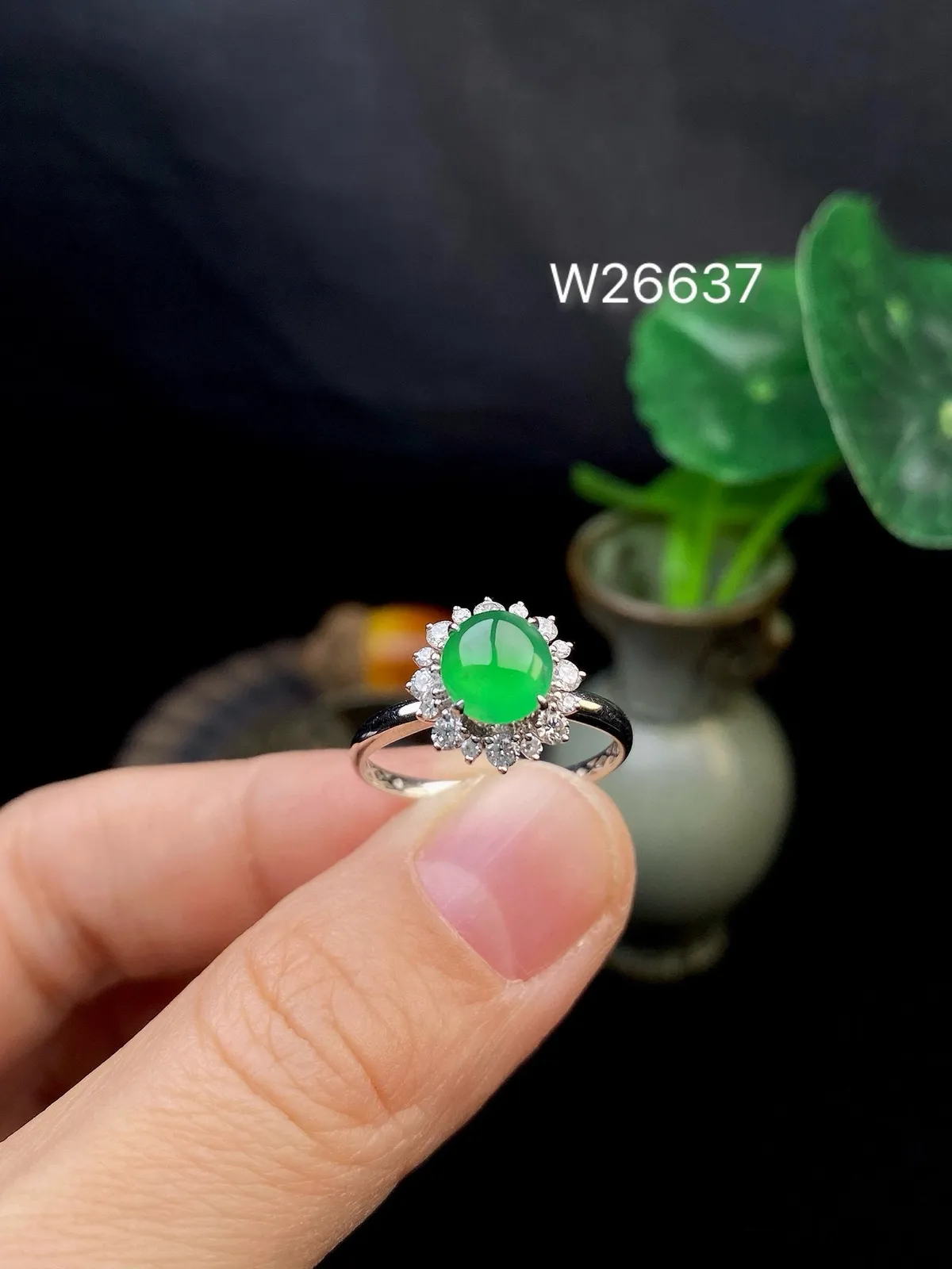 【冰种满绿蛋面戒指】种水色俱全，冰透闪亮，通透感饱满度很好，18k金钻镶嵌，裸石尺寸7*6.4*2.
