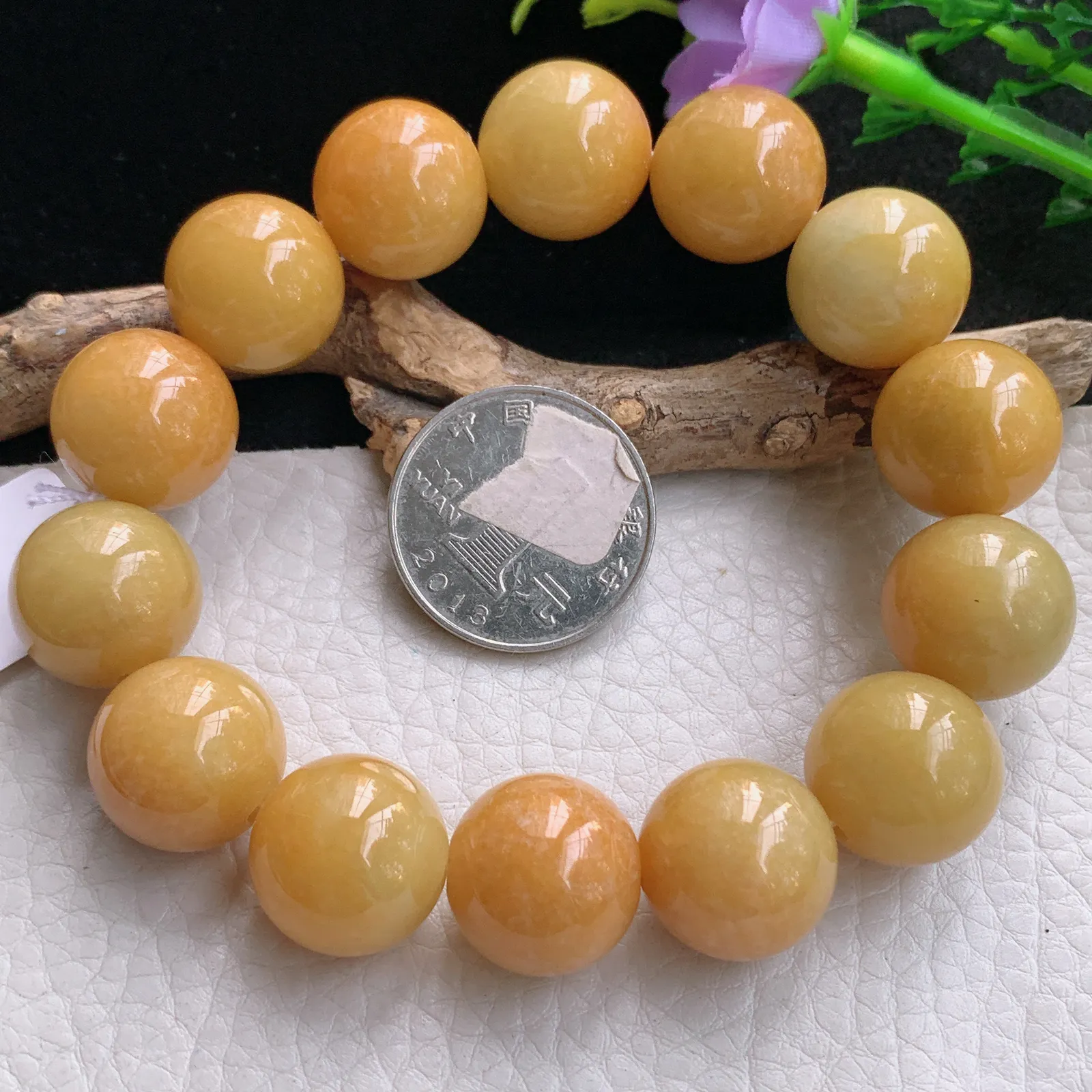 ss自然光16.3mm天然缅甸翡翠a货大颗粒黄翡水润圆珠玉手链  玉手串