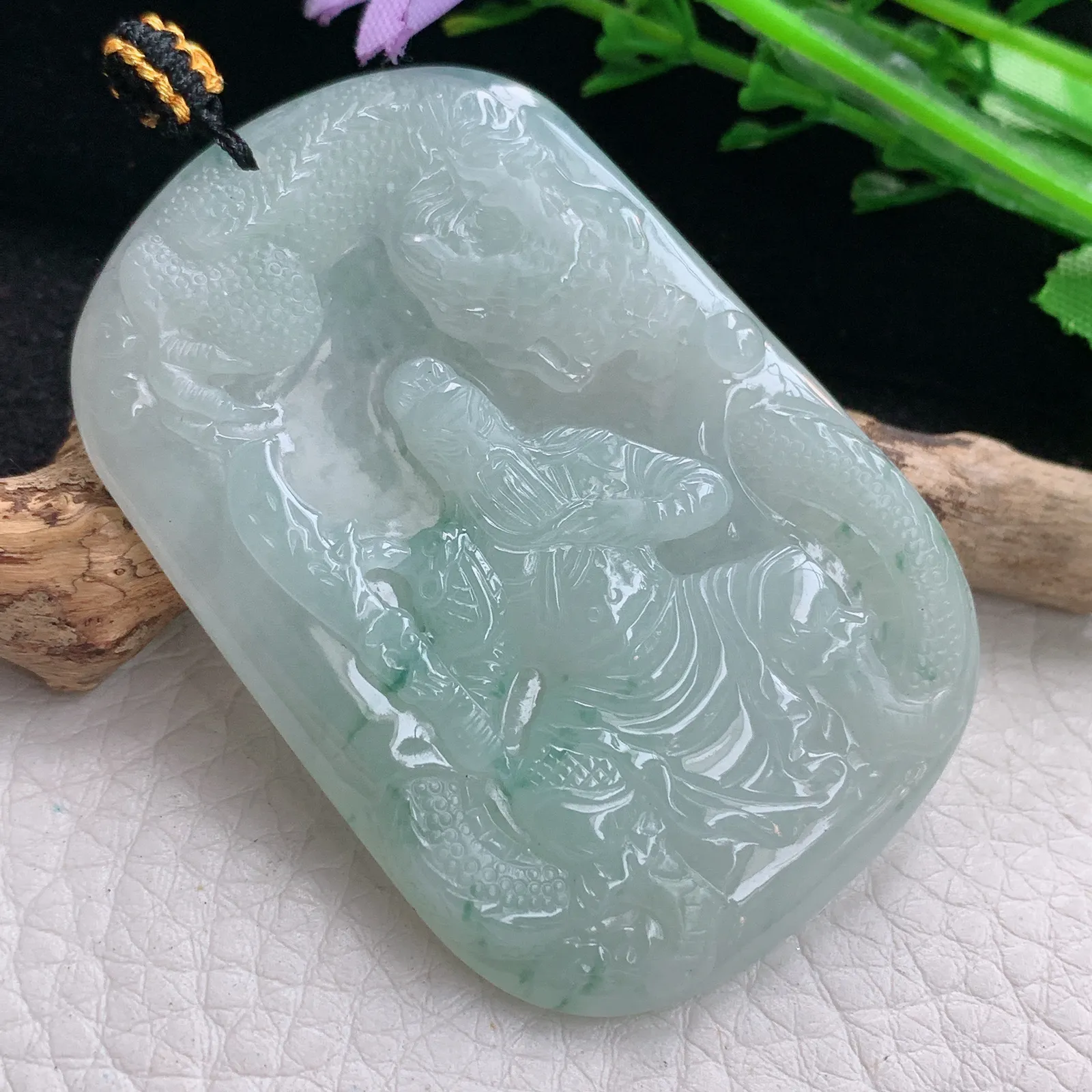 kh实拍57.8*39.5*5.2缅甸翡翠飘花御龙关公 玉观音玉吊坠 玉挂件