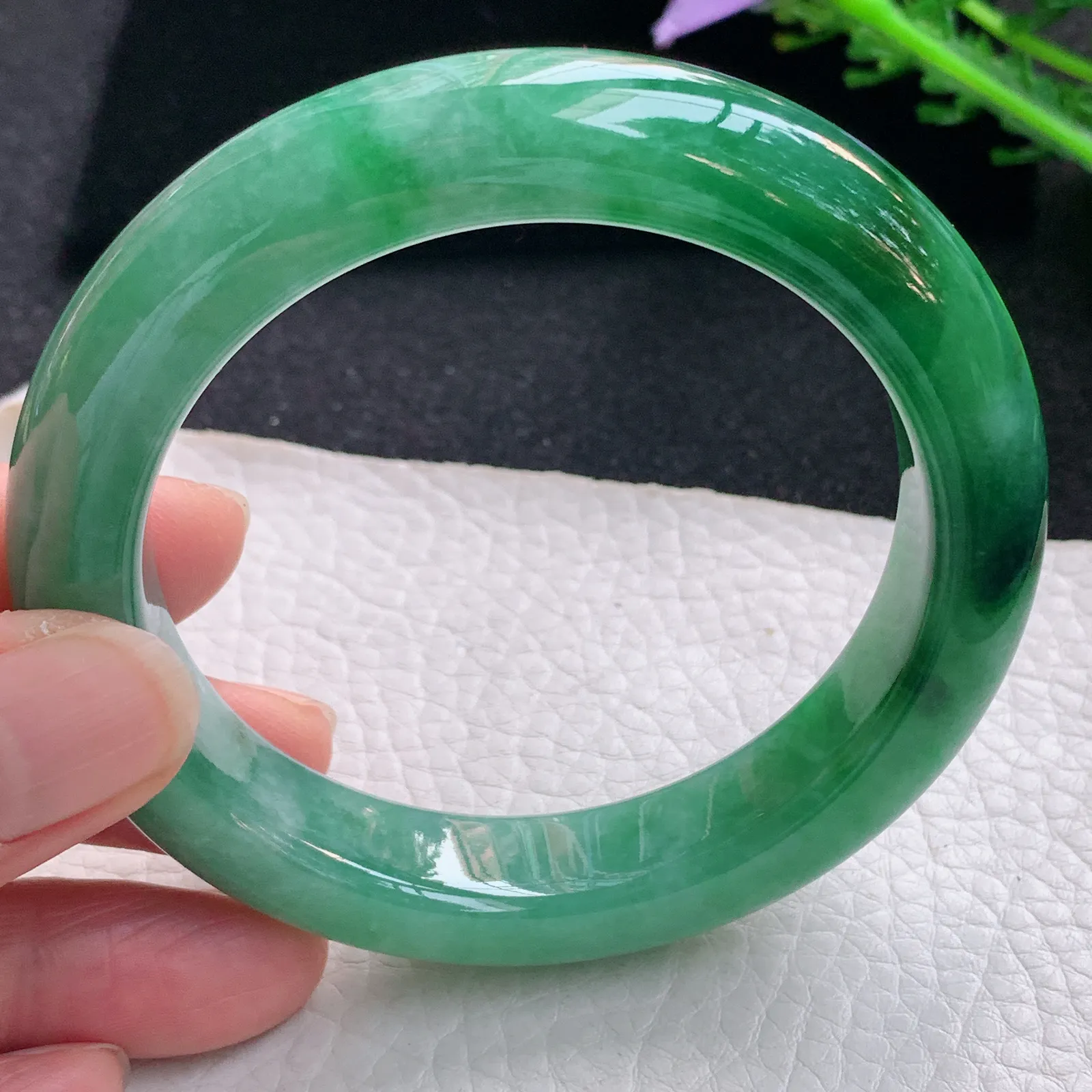 xo自然光58.8*12.8*10.2平安镯 缅甸翡翠a货玉手镯辣绿厚装宽边玉手环