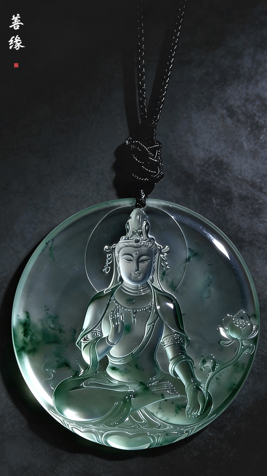 【观自在·妙法莲华】，观音菩萨，
缅甸天然A货翡翠料子，
作品48.6-48.6-6.5mm，