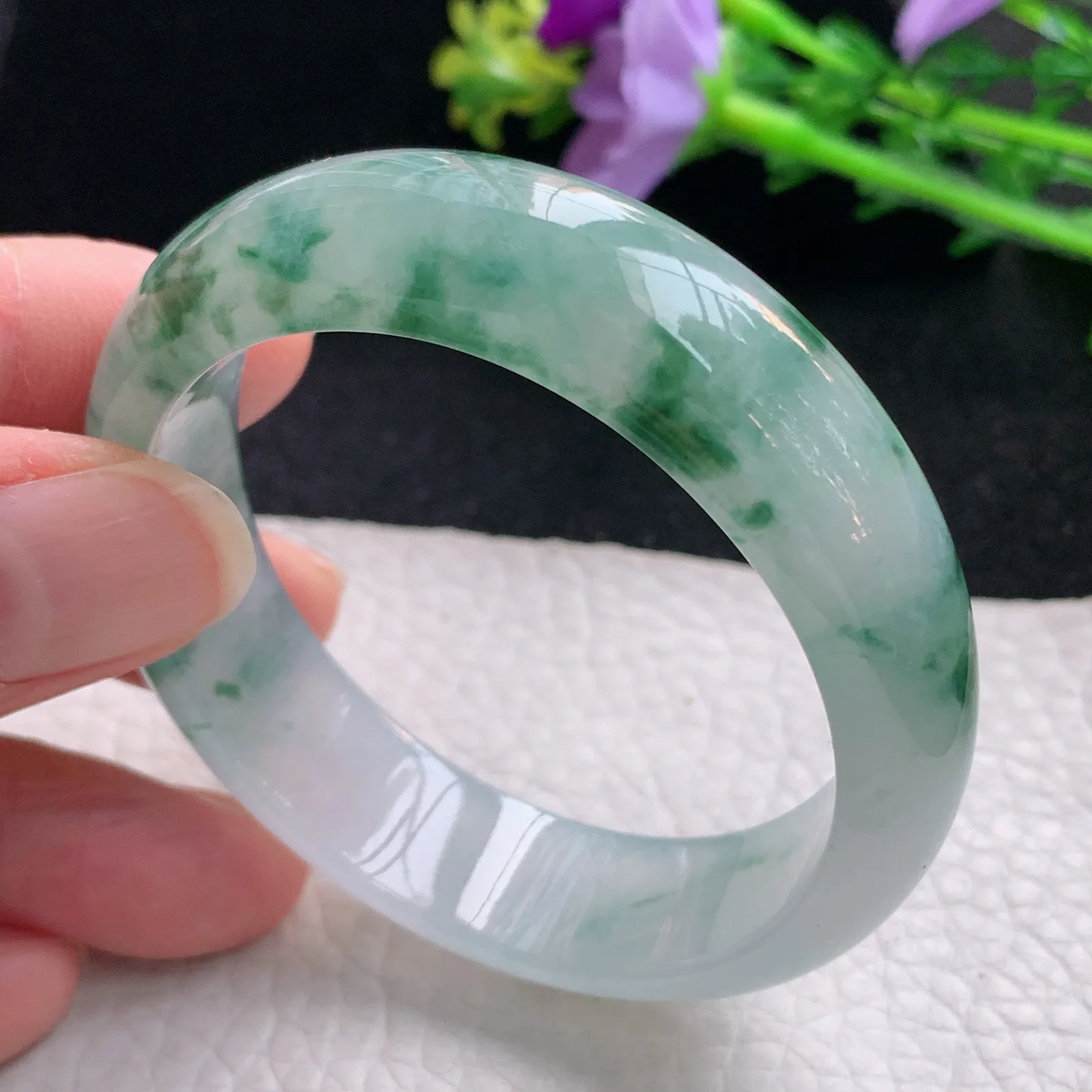 ay自然光54.5*47.8*13.9*7.2贵妃镯 缅甸翡翠a货玉手镯冰飘花蛋形玉手环