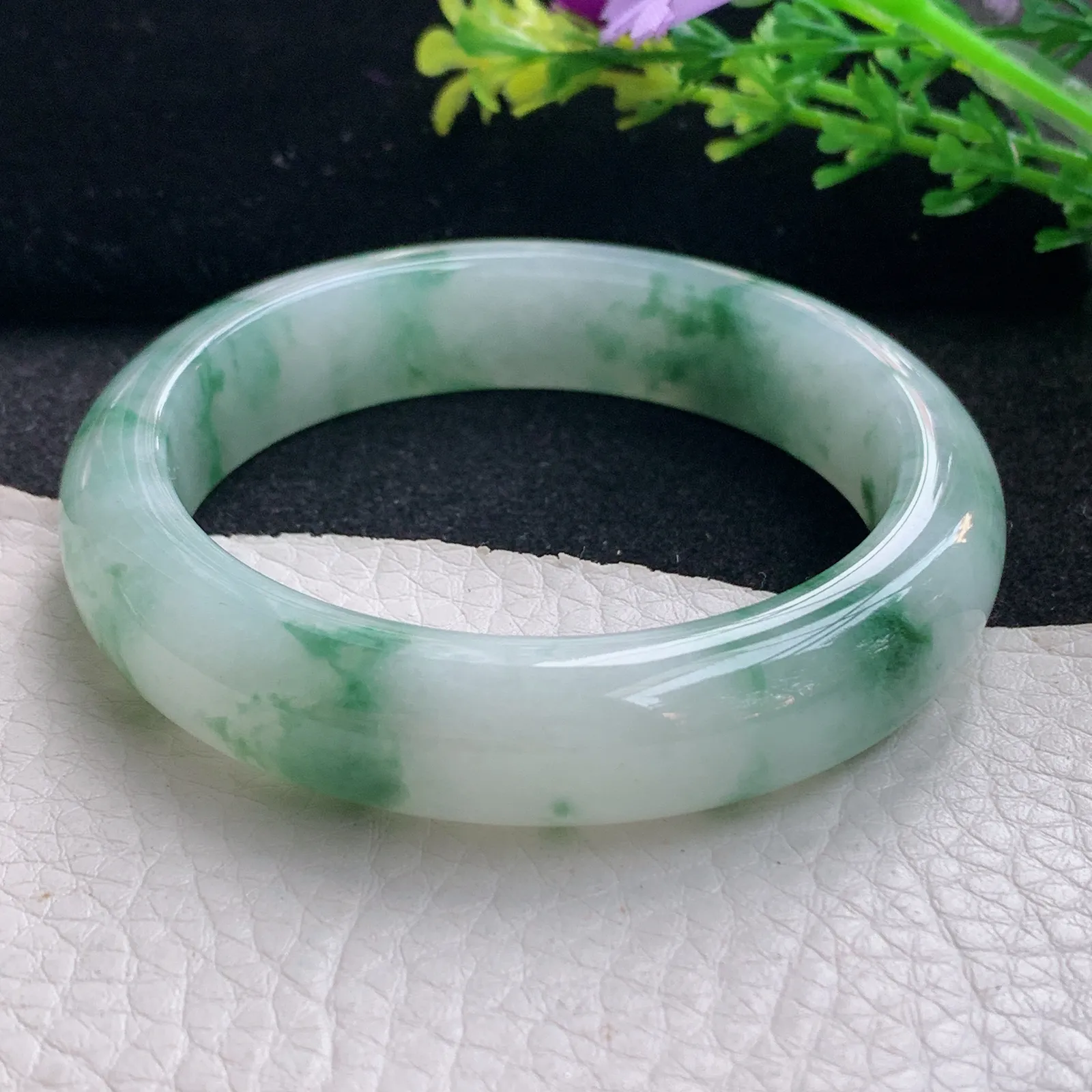 ay自然光53.5*12.8*8平安镯 缅甸翡翠a货玉手镯冰飘花宽边玉手环