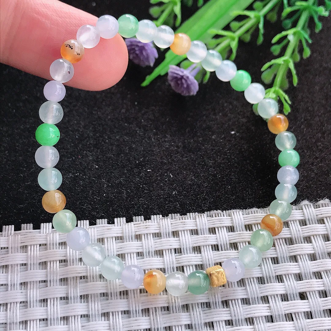 天然A货翡翠4.8/38颗老坑冰透起胶三彩小米珠手链玉珠手串