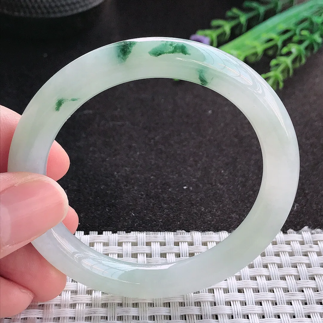 天然A货翡翠53.5/9.1老坑冰胶果冻飘花圆条手镯玉镯