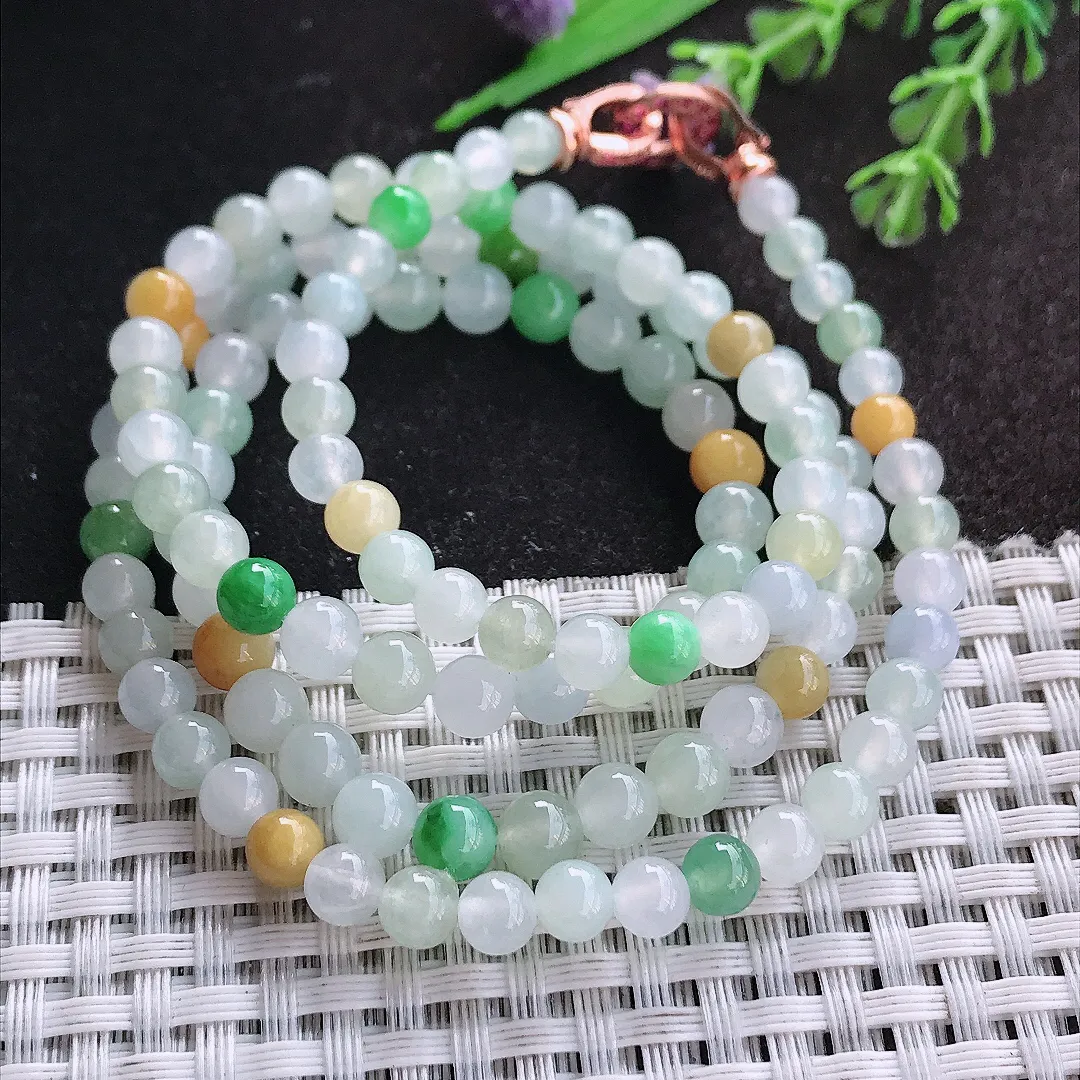 天然A货翡翠5.8/11.8颗老坑冰润水灵三彩圆珠项链翡翠玉珠