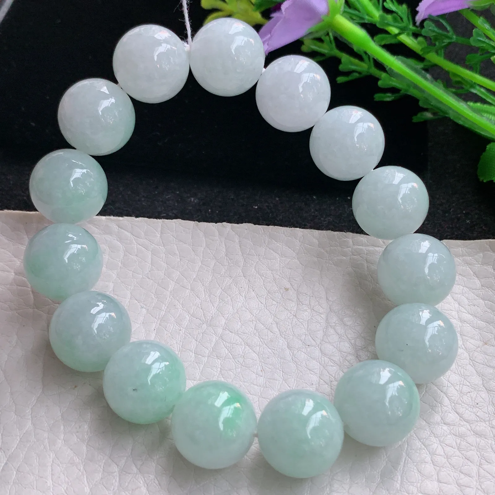 ss自然光15mm天然缅甸翡翠a货大颗粒浅绿圆珠玉手链  玉手串