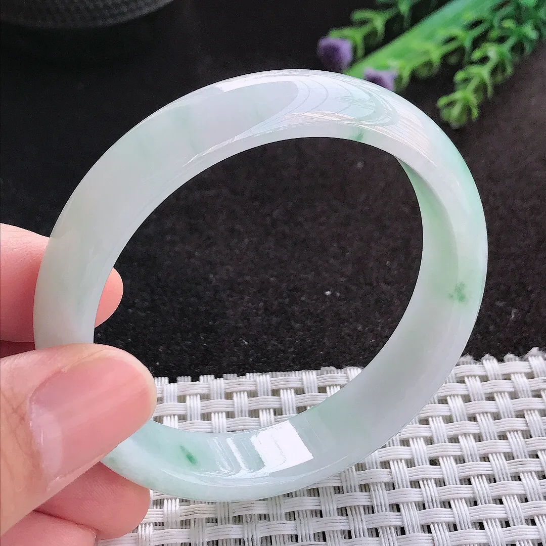 天然A货翡翠55/13.5/7.2老坑冰润水灵飘花手镯宽边玉镯