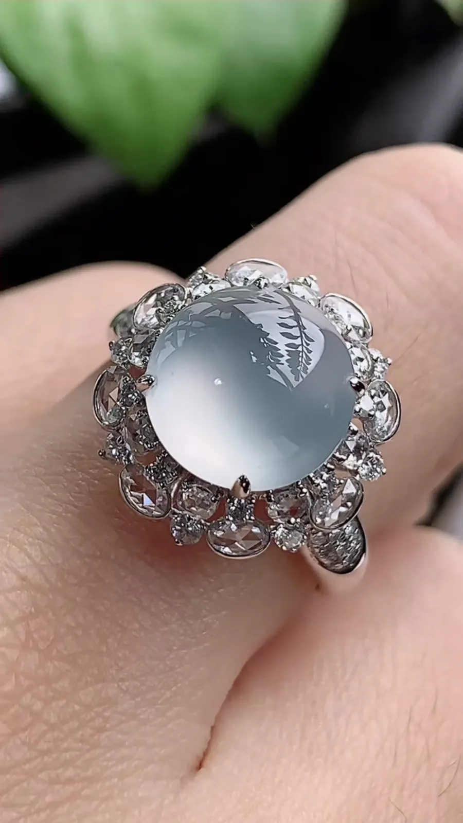 a货翡翠老坑冰种18K金伴钻镶嵌白月光蛋面戒指 圈口17.5裸石尺寸10.2mm 重量4.66g 1