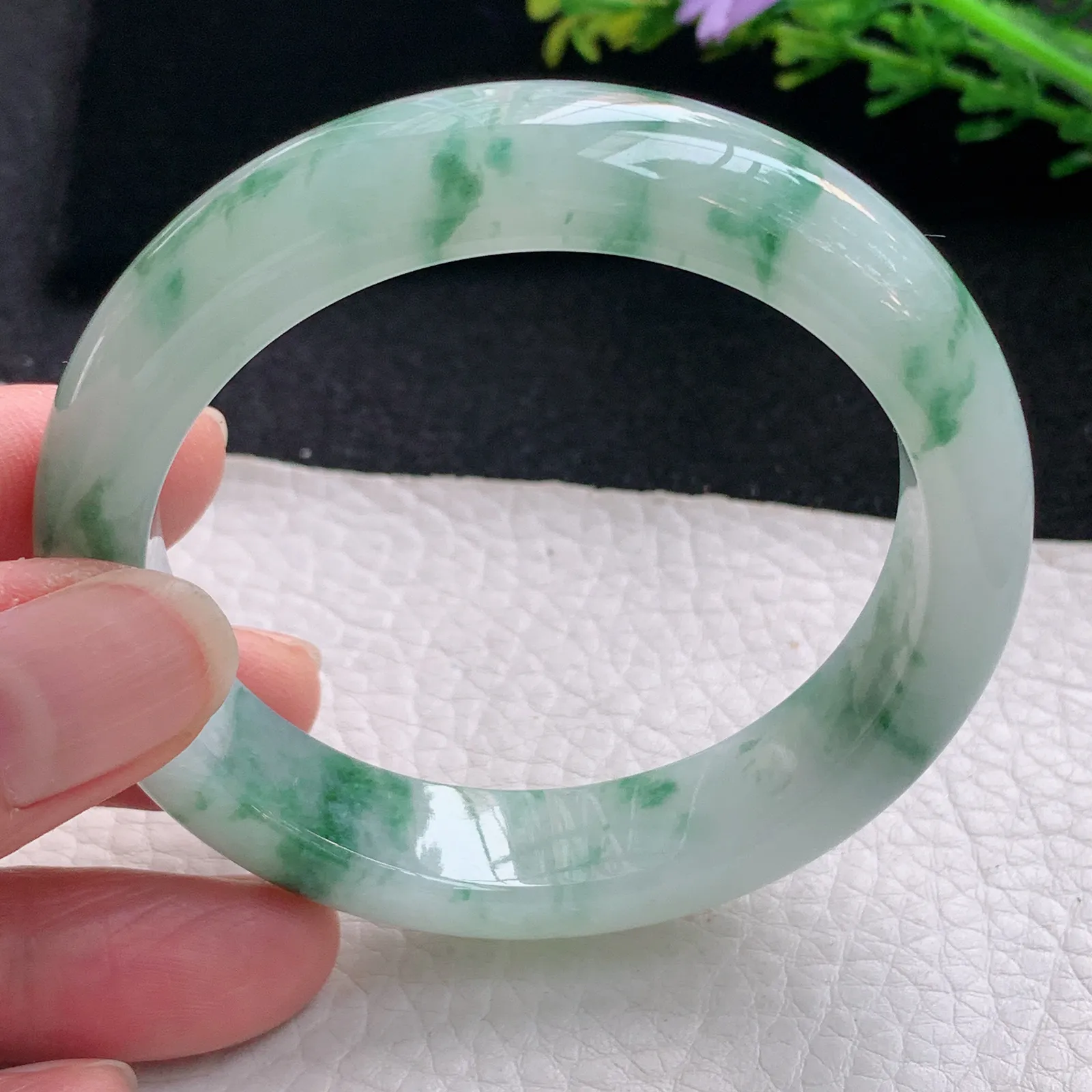 ay自然光53.5*12.8*8平安镯 缅甸翡翠a货玉手镯冰飘花宽边玉手环