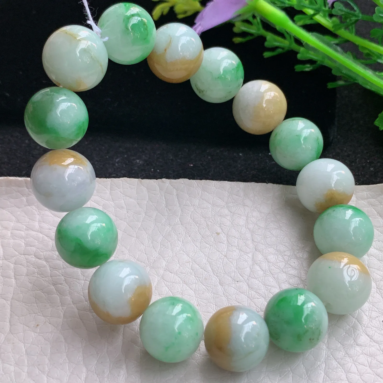 ss自然光13.3mm天然缅甸翡翠a货黄加绿水润圆珠玉手链  玉手串