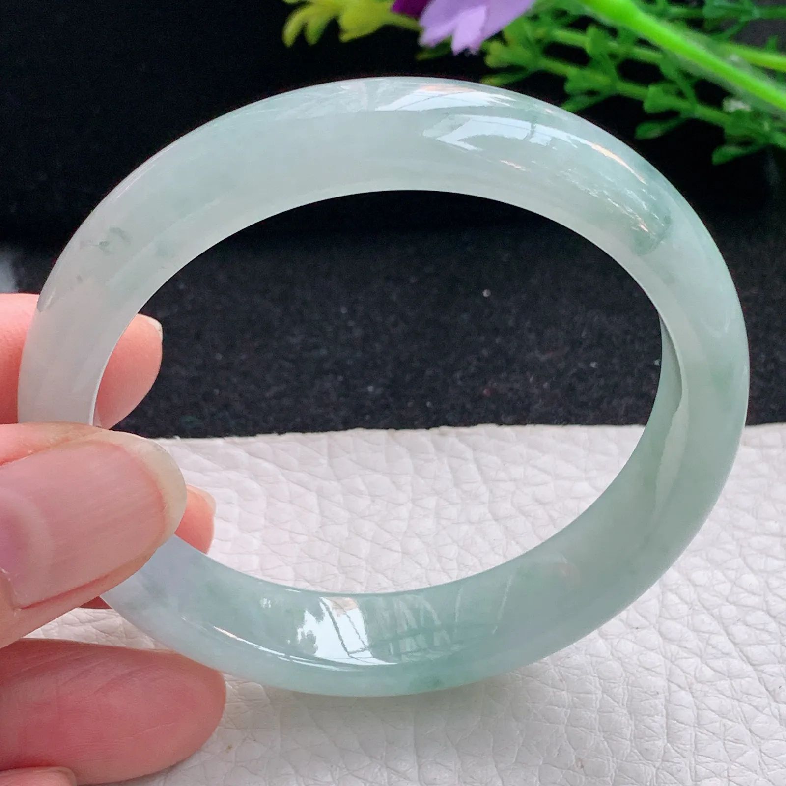 xx自然光55*12.5*7.2平安镯 缅甸翡翠a货玉手镯冰飘花宽边玉手环