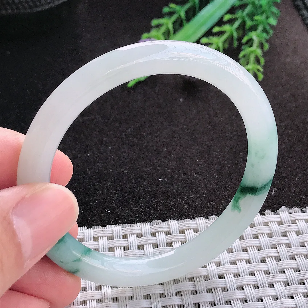 天然A货翡翠51.5/7.4/7.6老坑冰润起胶飘花圆条手镯小圈口细条玉镯