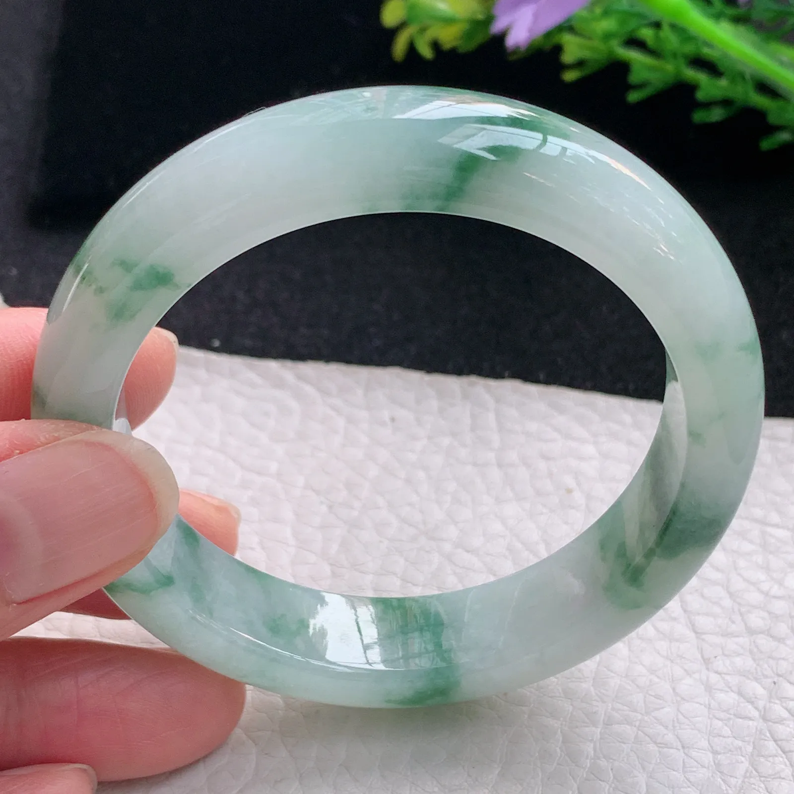 ay自然光53.5*12.8*8平安镯 缅甸翡翠a货玉手镯冰飘花宽边玉手环