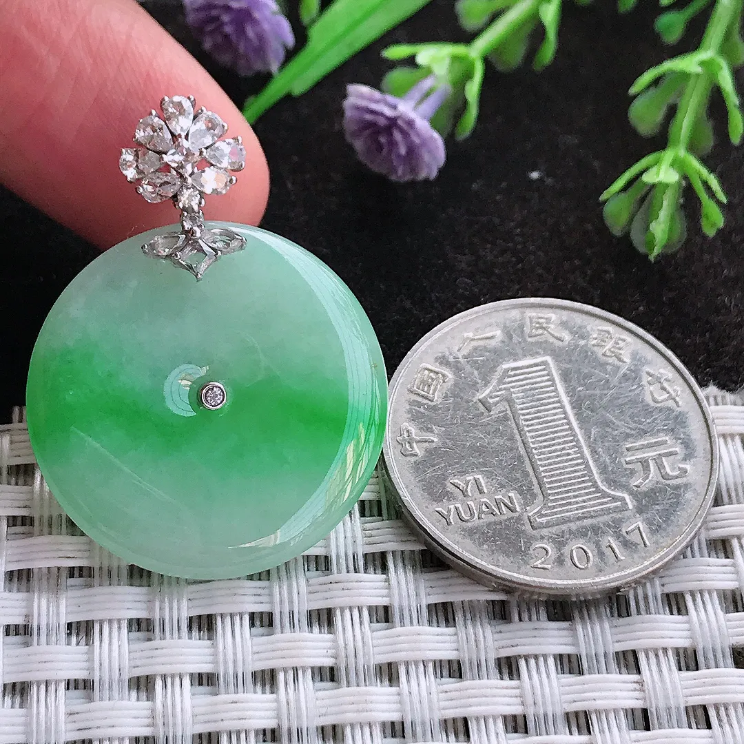 天然A货翡翠25.1/4老坑18k金镶嵌冰润飘阳绿平安扣吊坠翡翠玉挂件