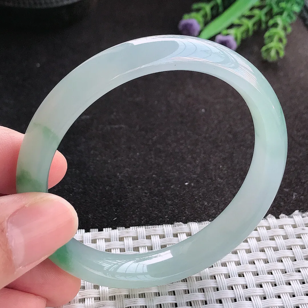 天然A货翡翠57/12.1/7.4老坑冰润果冻胶冰飘花手镯宽边玉镯