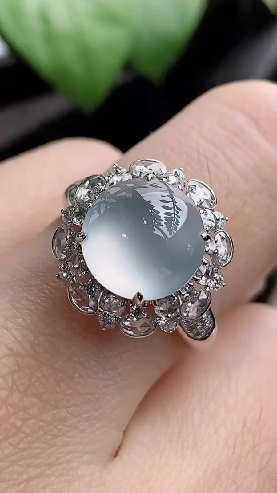 a货翡翠老坑冰种18K金伴钻镶嵌白月光蛋面戒指 圈口17.5裸石尺寸10.2mm 重量4.66g 1205