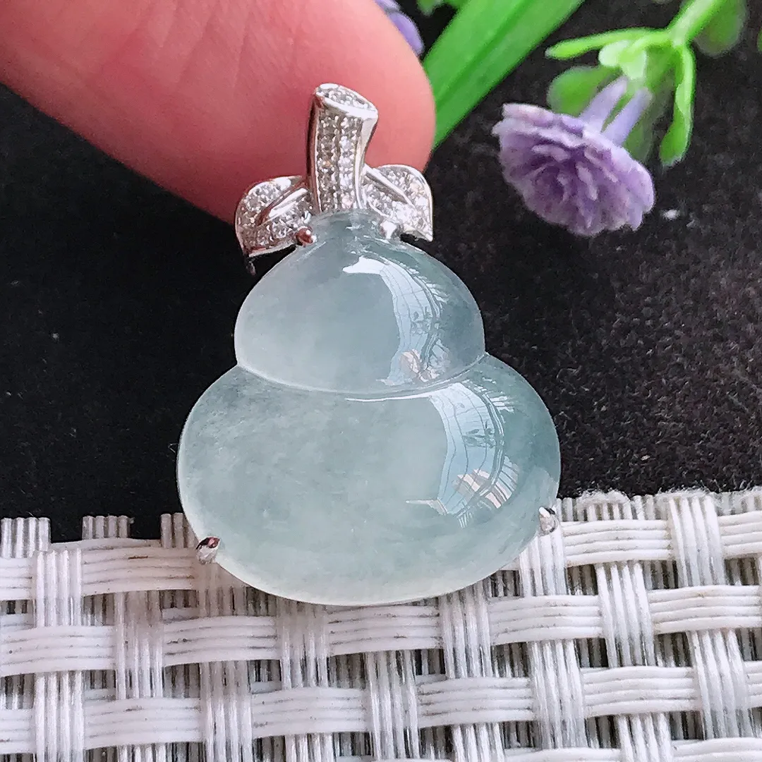 天然A货翡翠26.7/19.5/8.3老坑18k金镶嵌冰种葫芦吊坠翡翠玉挂件