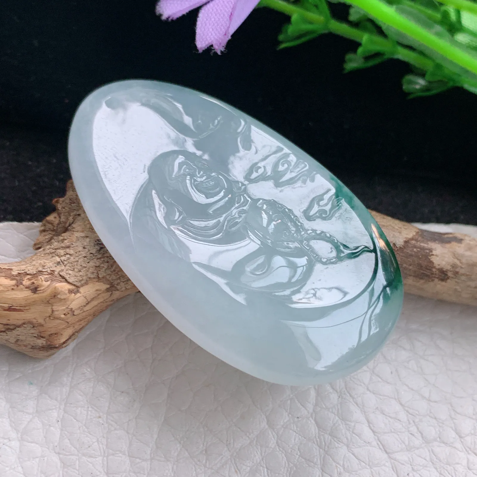 kh实拍50*30*6缅甸翡翠冰飘花开心佛 佛公玉项坠 玉挂件