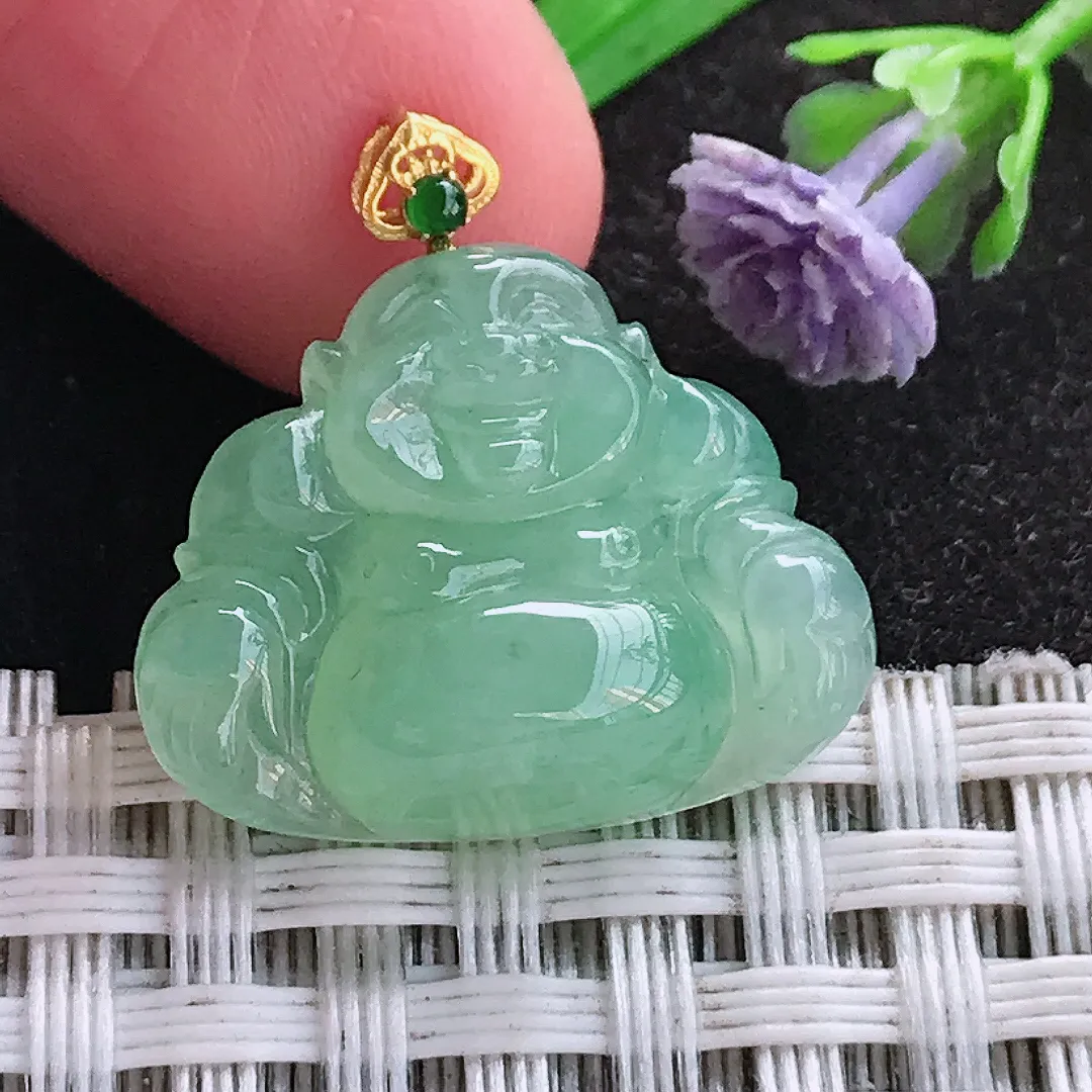 天然A货翡翠17.3/21.6/6老坑18k金镶嵌冰晴绿小佛公吊坠翡翠玉挂件