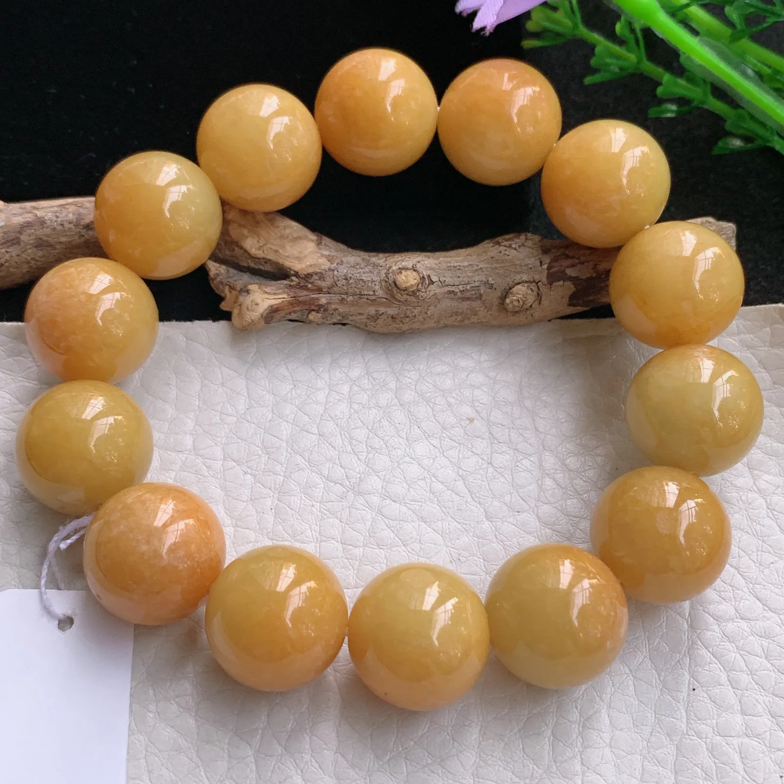 ss自然光16.3mm天然缅甸翡翠a货大颗粒黄翡水润圆珠玉手链  玉手串