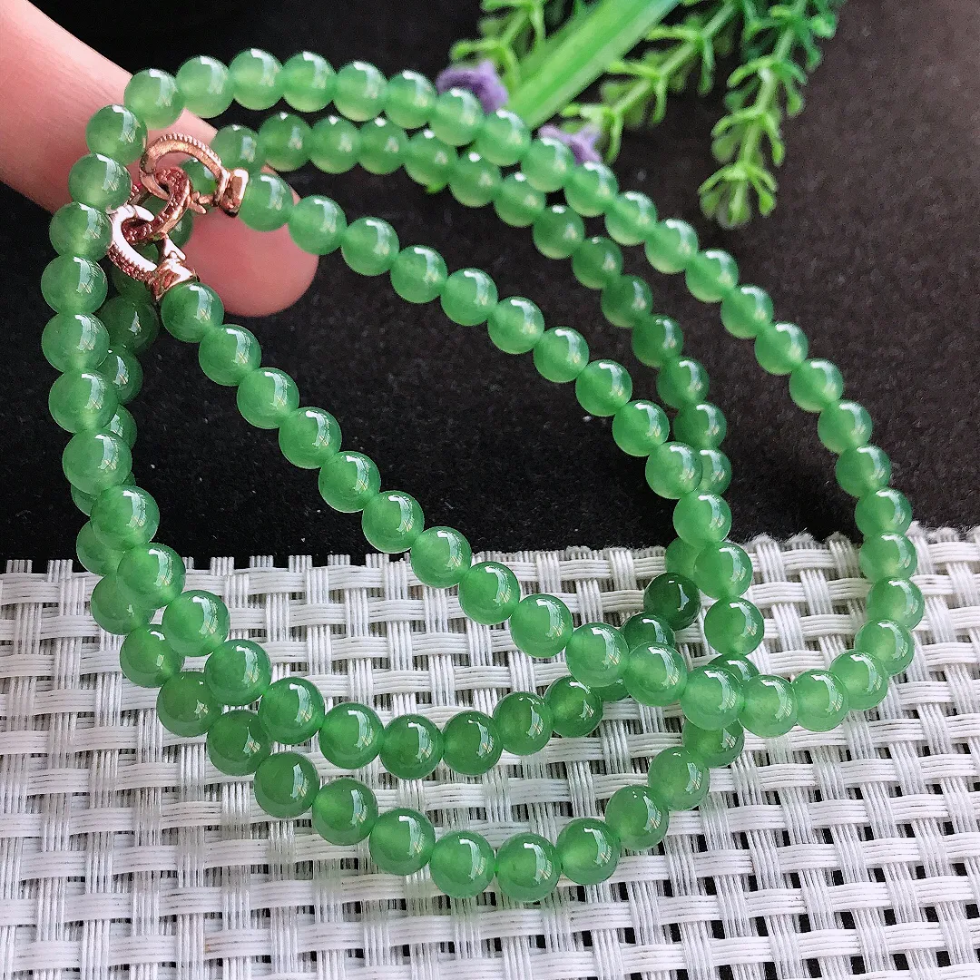 天然A货翡翠6/108颗老坑冰种果冻胶冰阳绿圆珠项链
