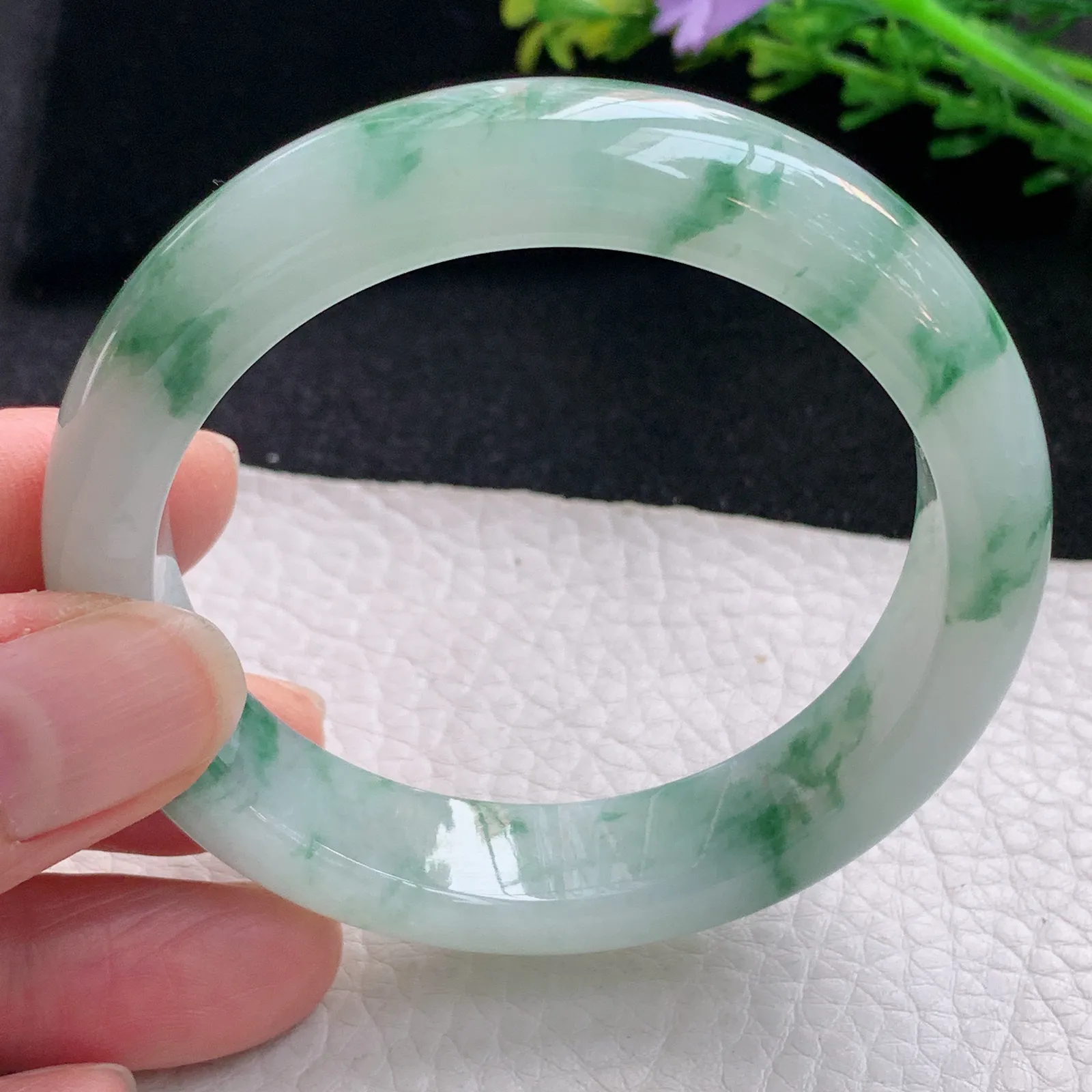ay自然光53.5*12.8*8平安镯 缅甸翡翠a货玉手镯冰飘花宽边玉手环