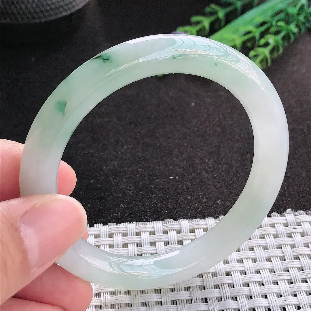 天然A货翡翠53.5/9.1老坑冰胶果冻飘花圆条手镯玉镯