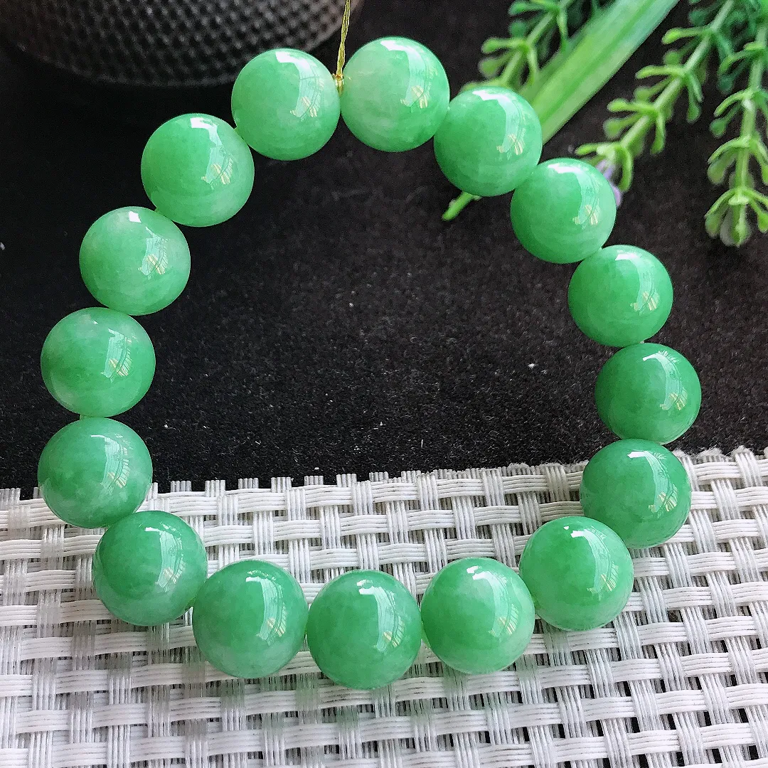 天然A货翡翠12.8/16颗老坑精美温润满阳绿苹果绿手链玉串