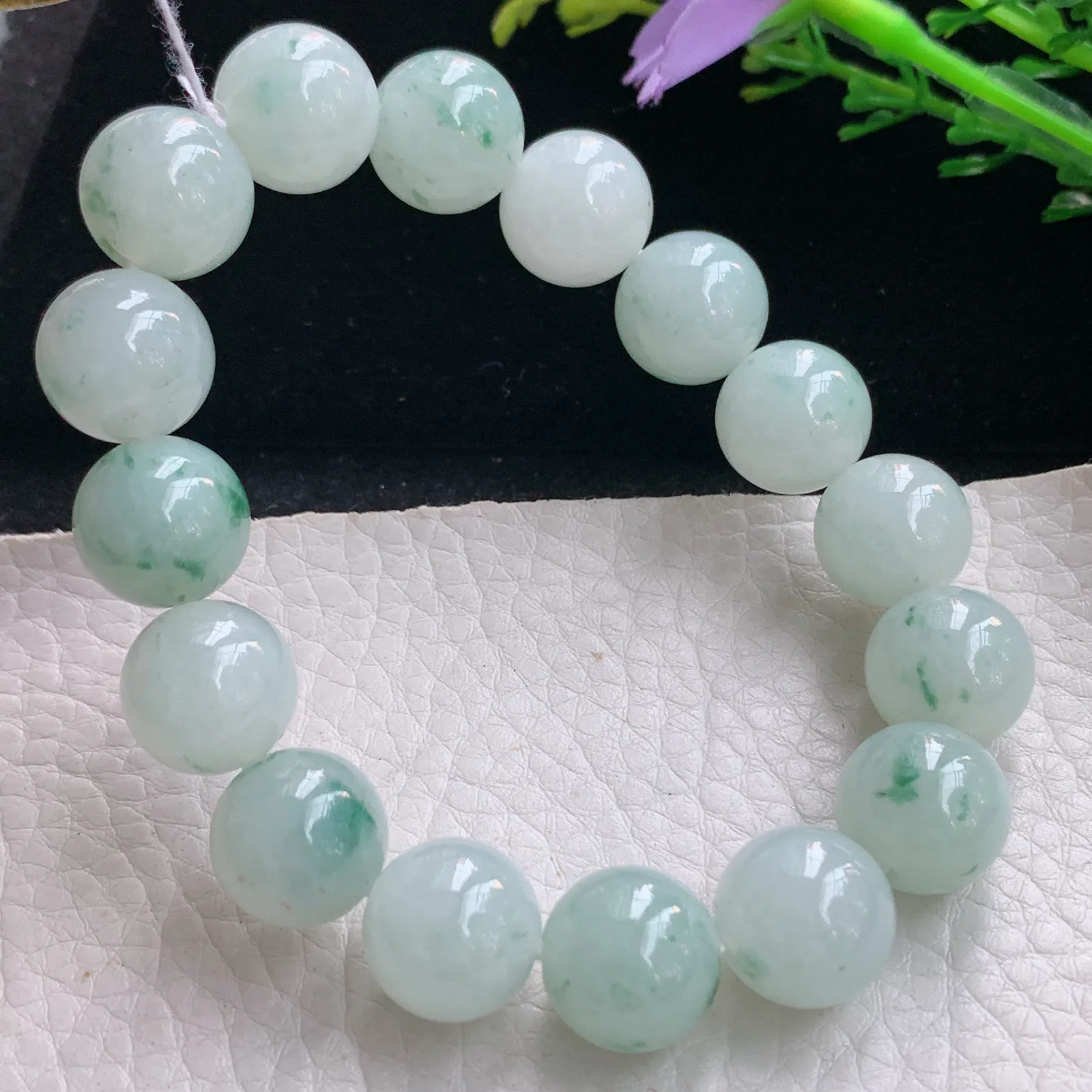 ss自然光12.6mm天然缅甸翡翠a货冰飘花圆珠玉手链  玉手串