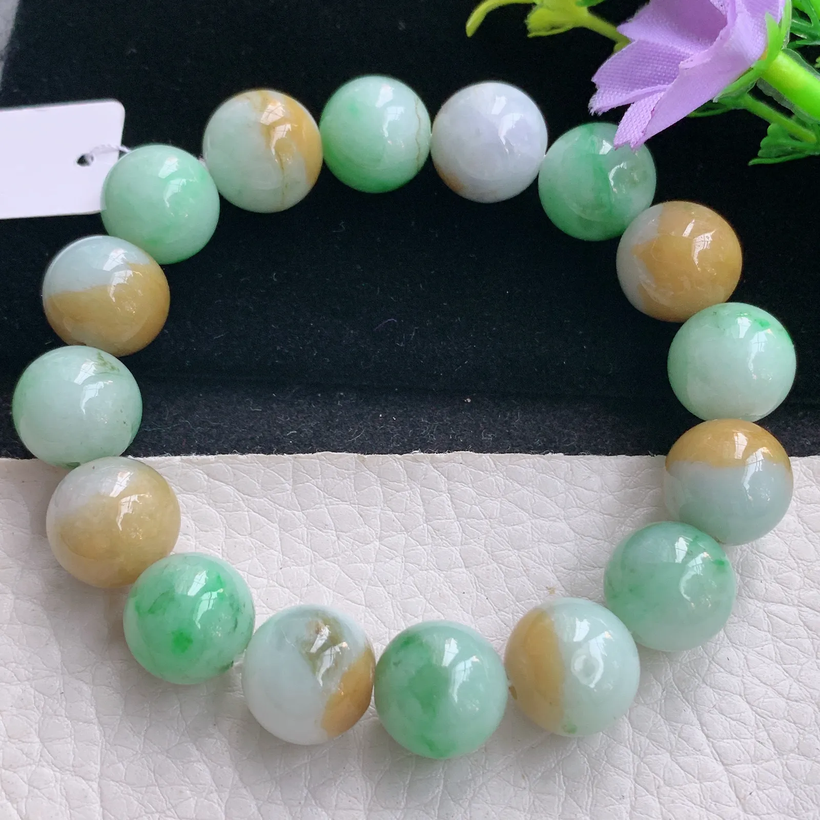 ss自然光13.3mm天然缅甸翡翠a货黄加绿水润圆珠玉手链  玉手串