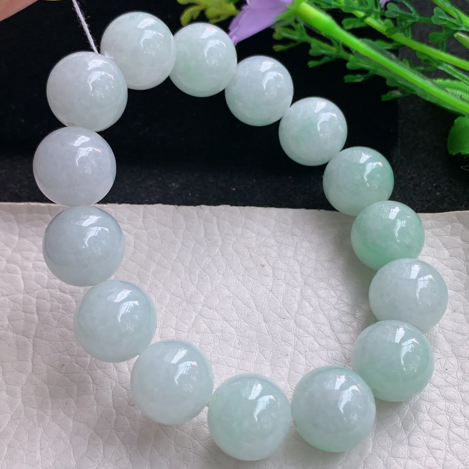 ss自然光15mm天然缅甸翡翠a货大颗粒浅绿圆珠玉手链  玉手串