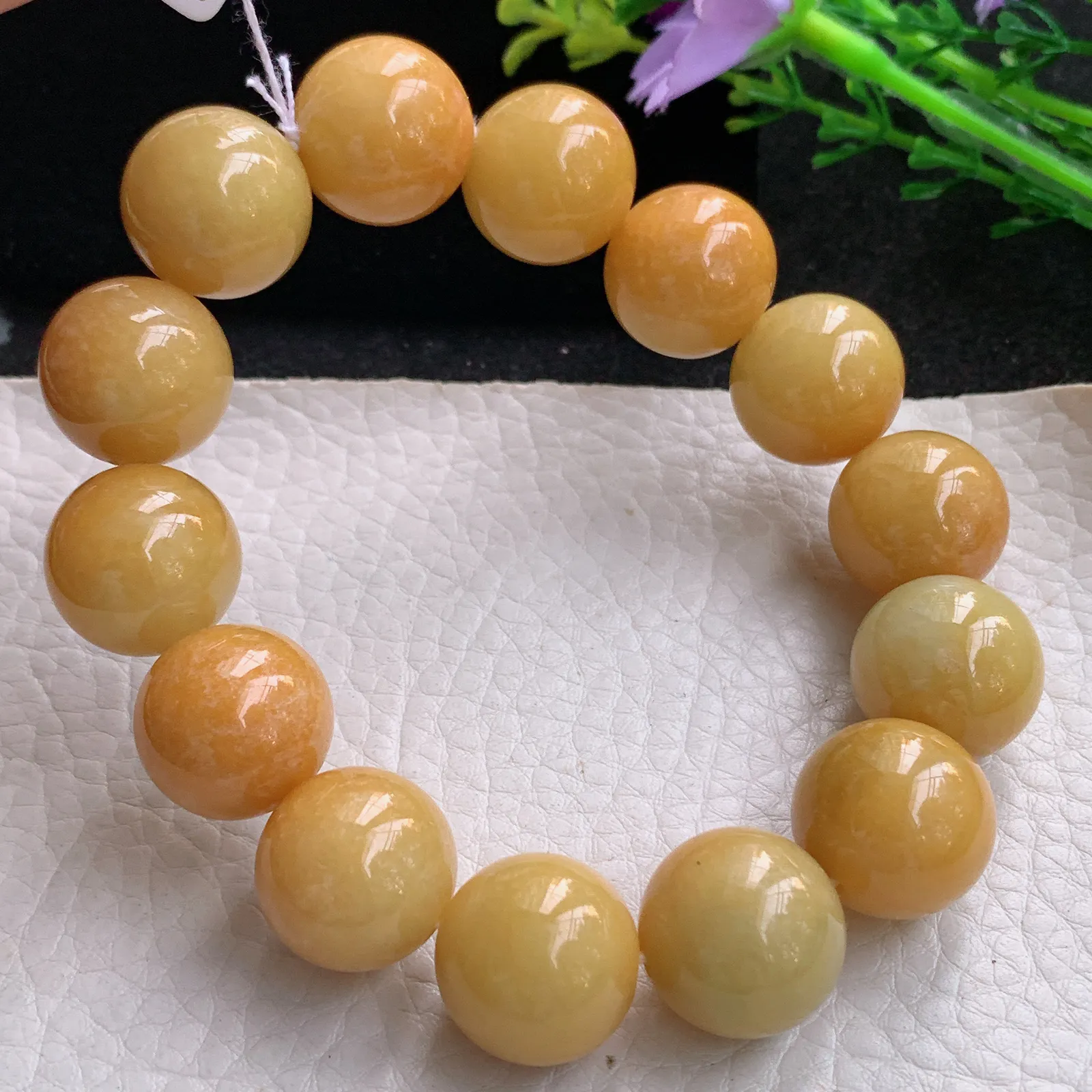 ss自然光16.3mm天然缅甸翡翠a货大颗粒黄翡水润圆珠玉手链  玉手串