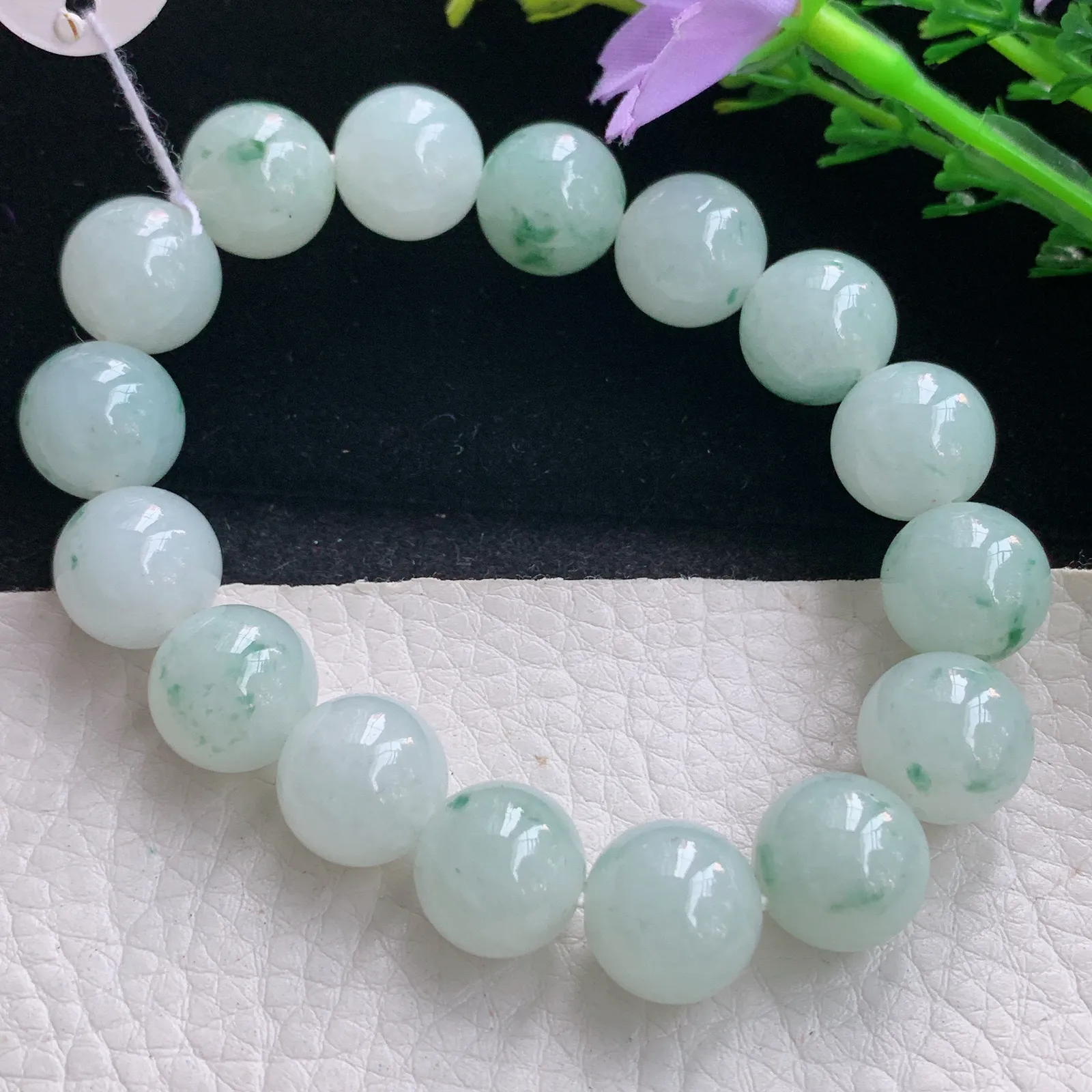 ss自然光12.6mm天然缅甸翡翠a货冰飘花圆珠玉手链  玉手串