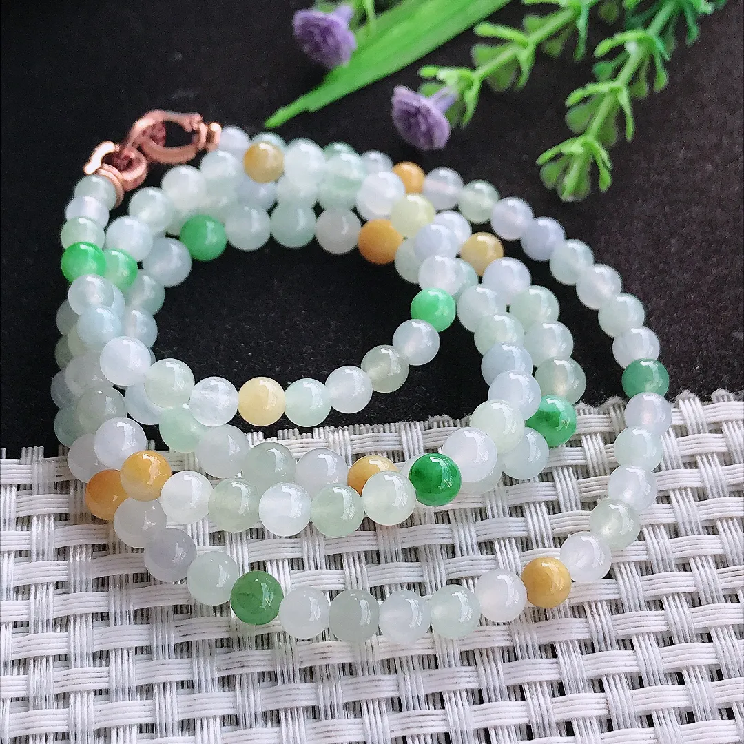 天然A货翡翠5.8/11.8颗老坑冰润水灵三彩圆珠项链翡翠玉珠