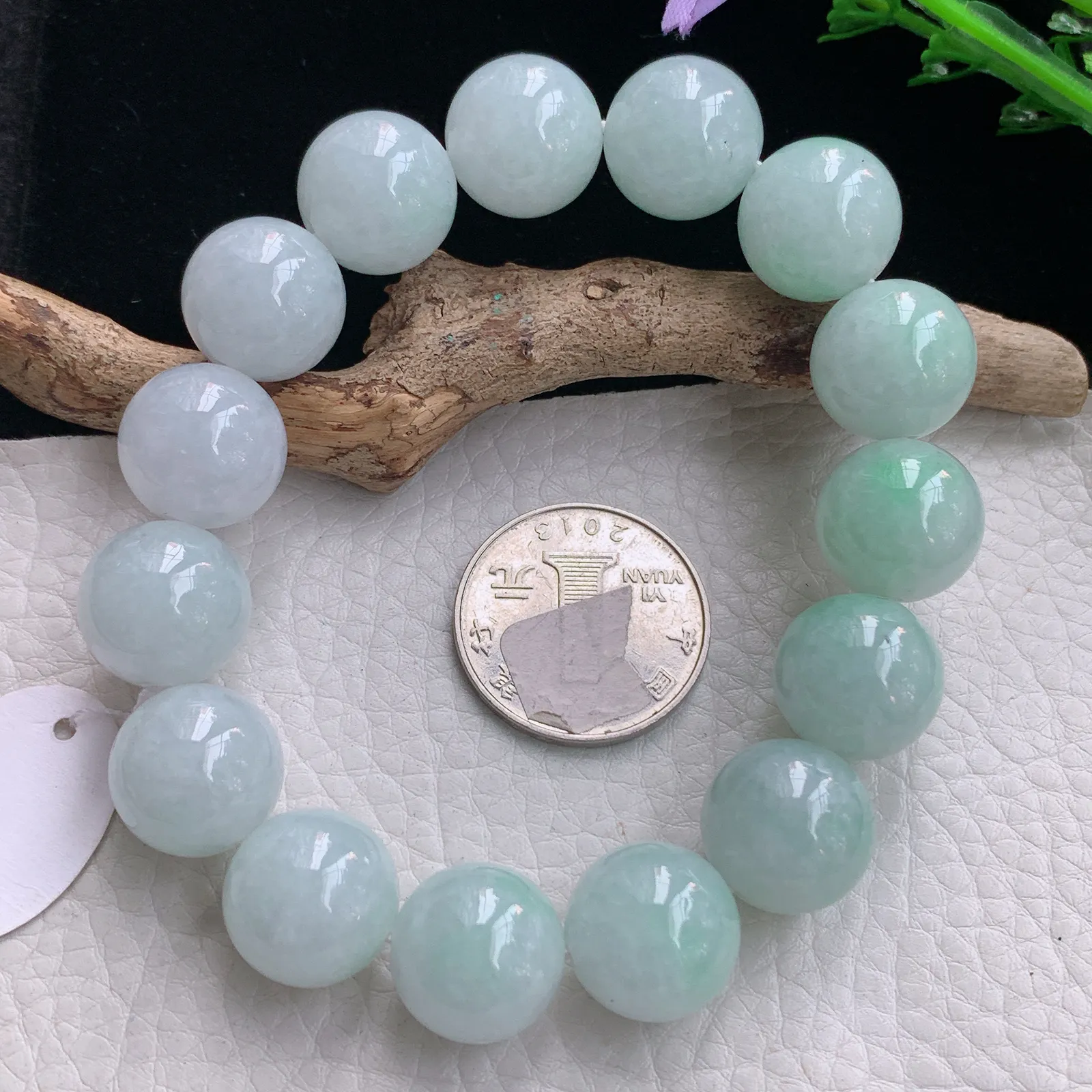 ss自然光15mm天然缅甸翡翠a货大颗粒浅绿圆珠玉手链  玉手串