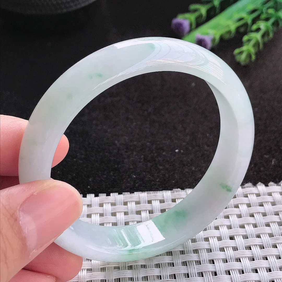 天然A货翡翠55/13.5/7.2老坑冰润水灵飘花手镯宽边玉镯