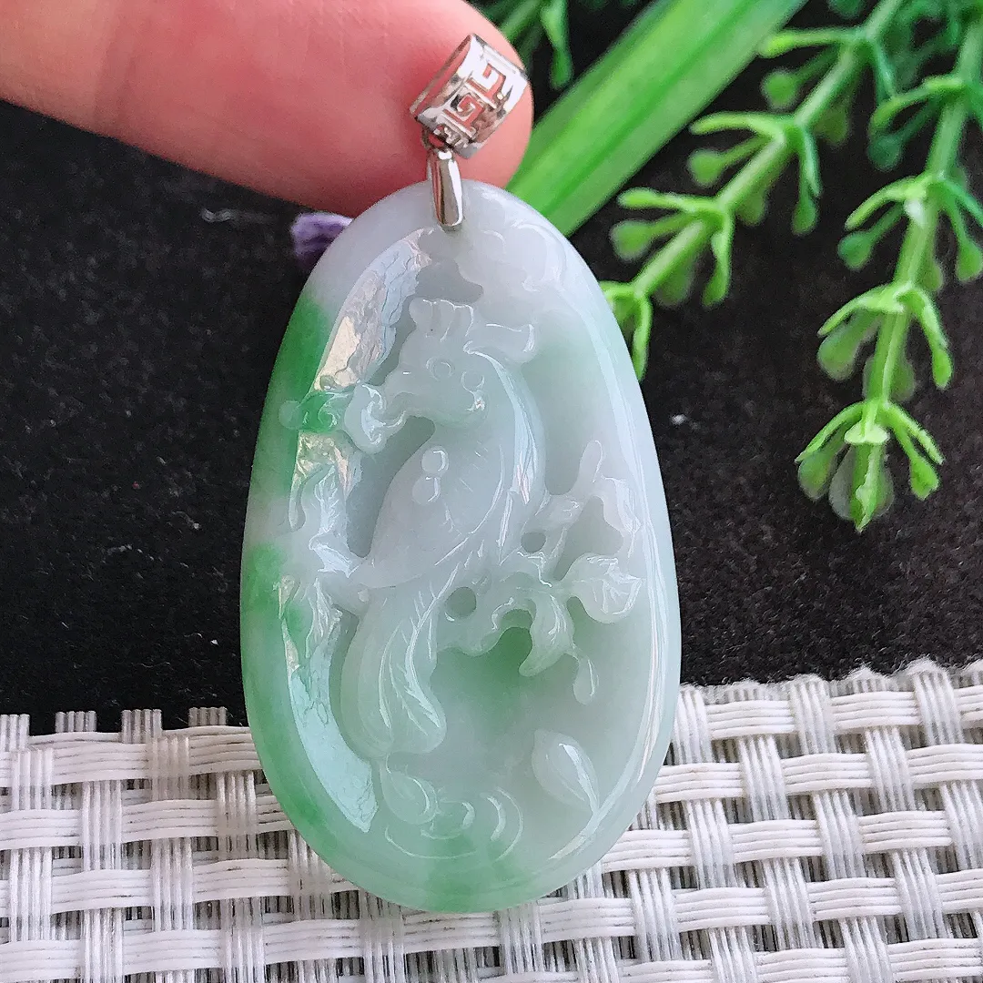 天然A货翡翠44/26.5/5.6老坑18k金镶嵌秀气飘绿鹦鹉吊坠翡翠玉喜上眉梢