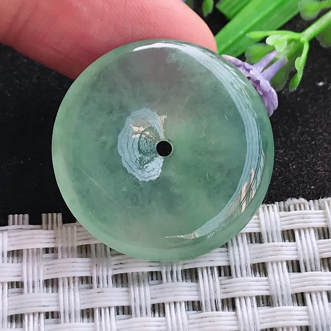 天然A货翡翠26.8/4.7老坑冰种果冻胶冰晴绿平安扣吊坠翡翠玉挂件