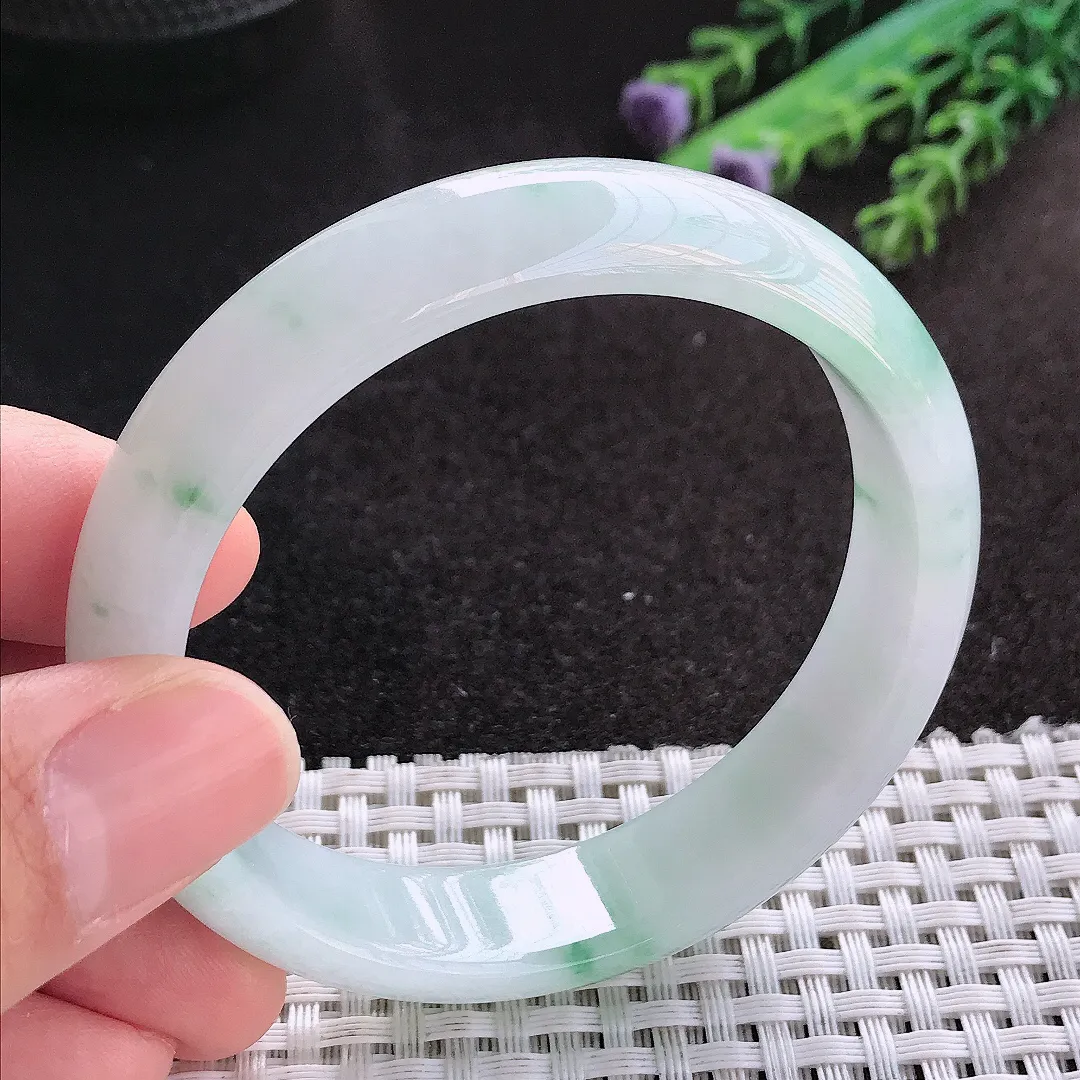 天然A货翡翠55/13.5/7.2老坑冰润水灵飘花手镯宽边玉镯