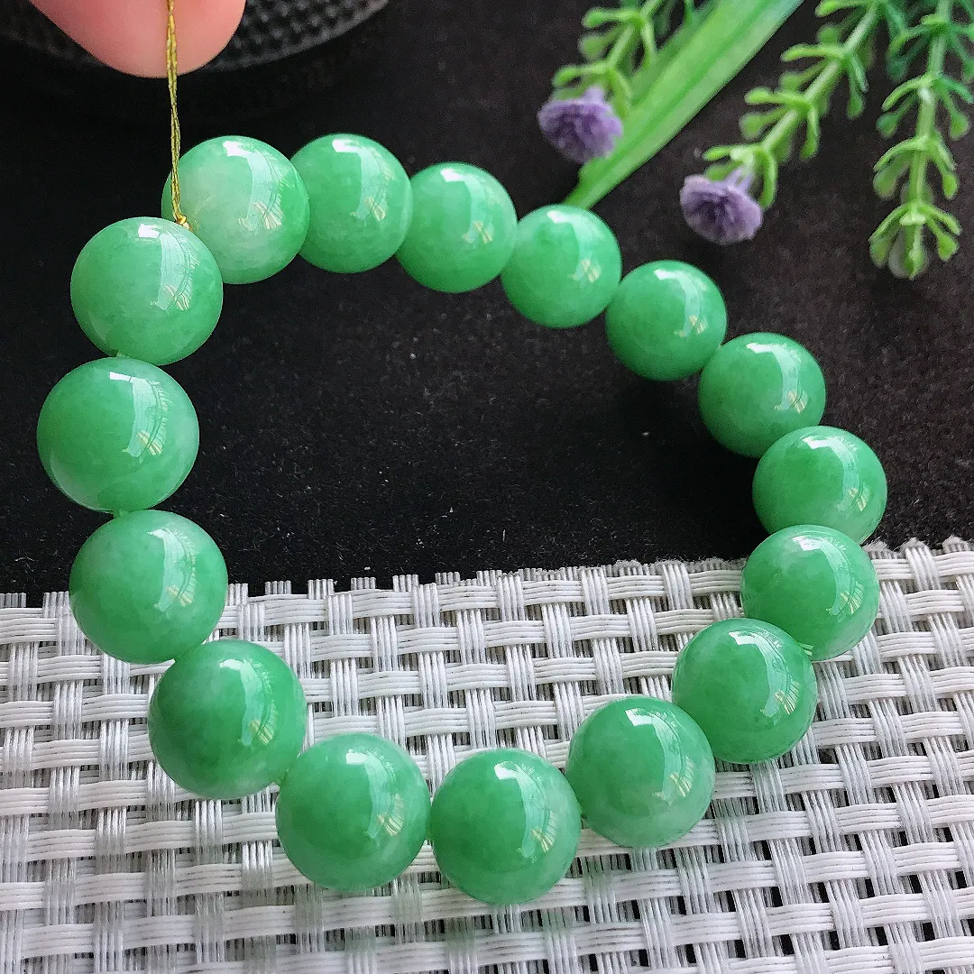 天然A货翡翠12.8/16颗老坑精美温润满阳绿苹果绿手链玉串