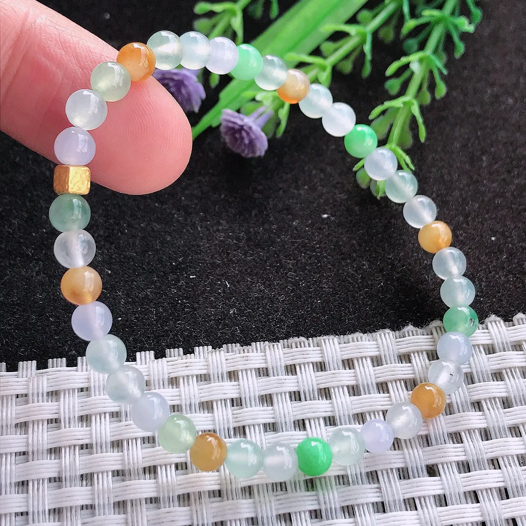 天然A货翡翠4.8/38颗老坑冰透起胶三彩小米珠手链玉珠手串