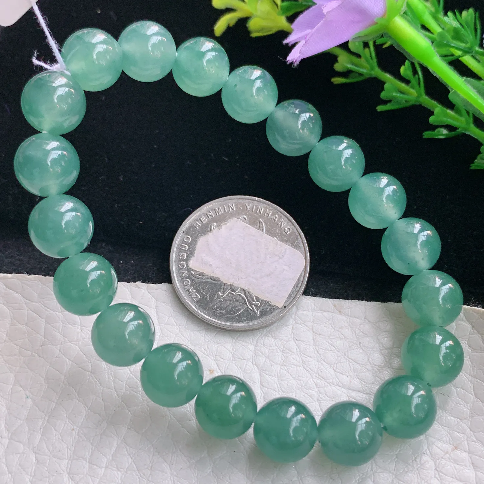 ss自然光9.8mm天然缅甸翡翠a货冰油湖水绿圆珠玉手链  玉手串